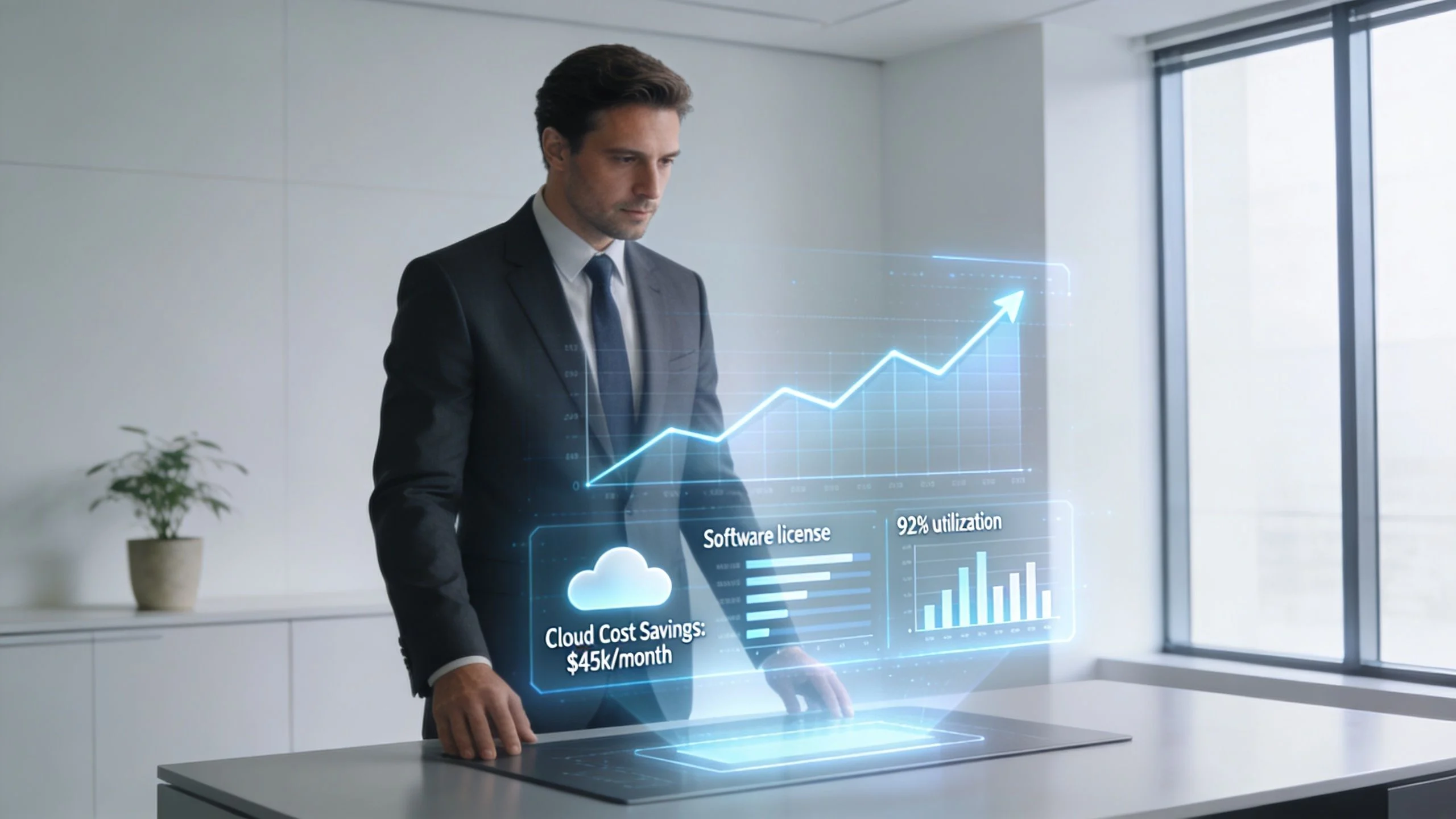 A professional man in a suit interacting with a futuristic holographic dashboard showing financial growth and cloud statistics.