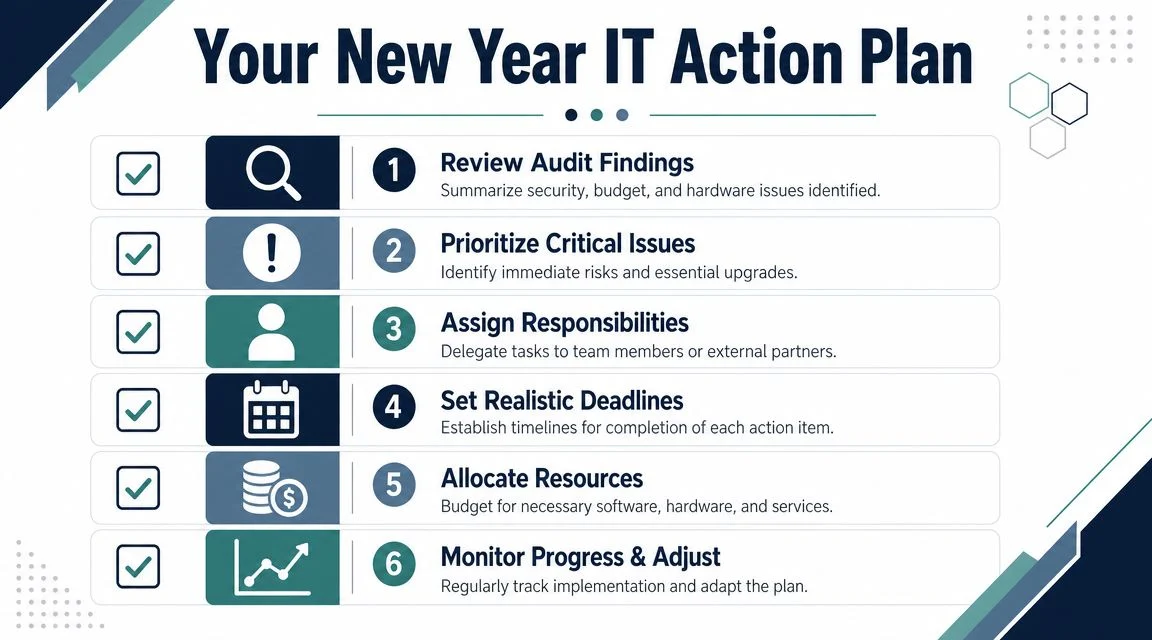 An infographic titled Your New Year IT Action Plan featuring six numbered steps for IT management.