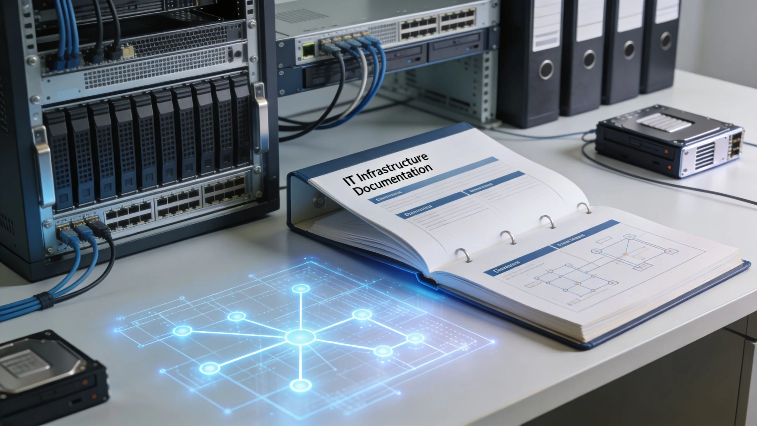 A server rack, binders, and a holographic network diagram on a desk for IT infrastructure documentation analysis.