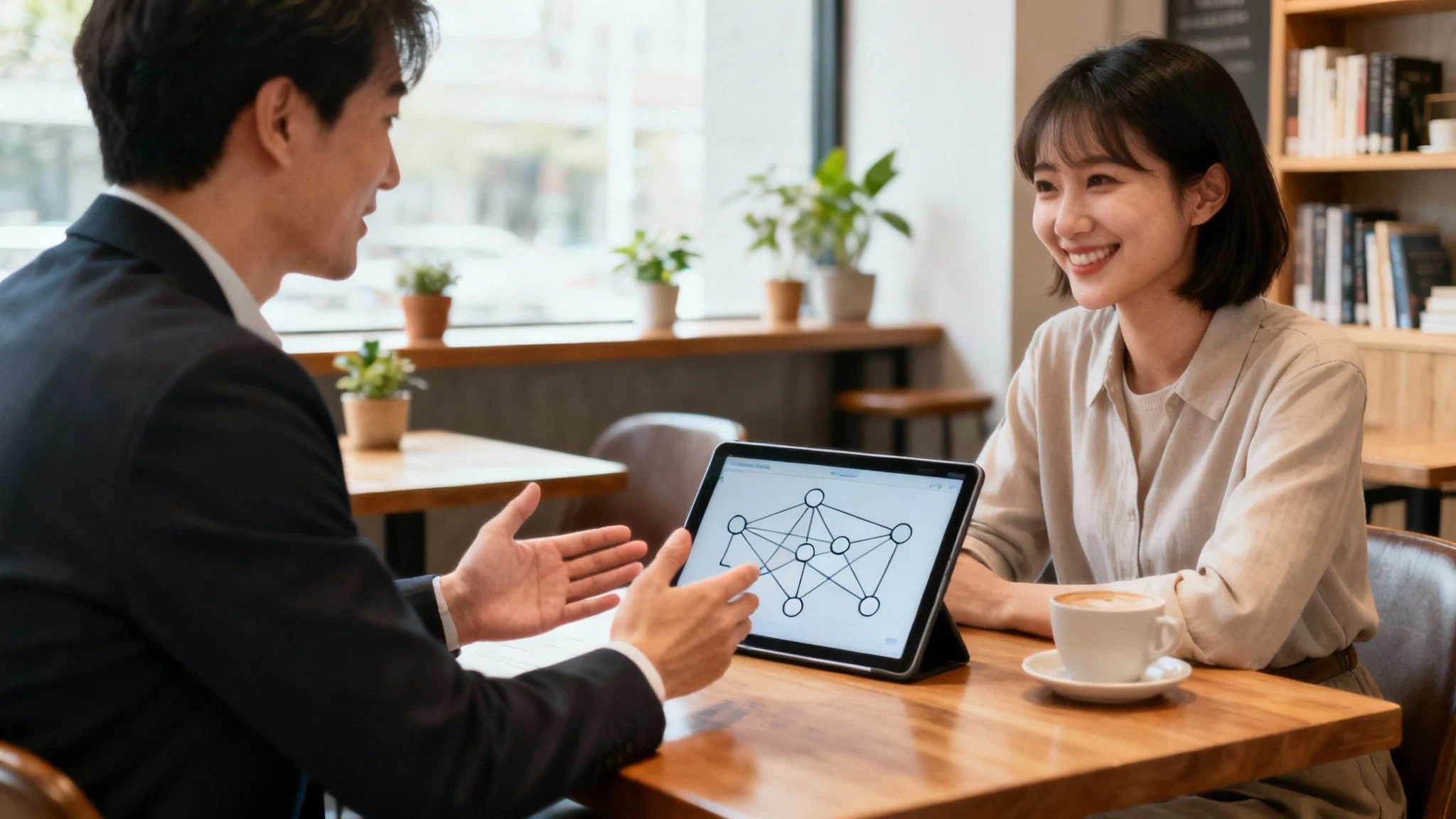 A man and woman sit at a table in a café discussing a tablet screen showing a network diagram. The woman is smiling, and there is a coffee cup and potted plants on the table.