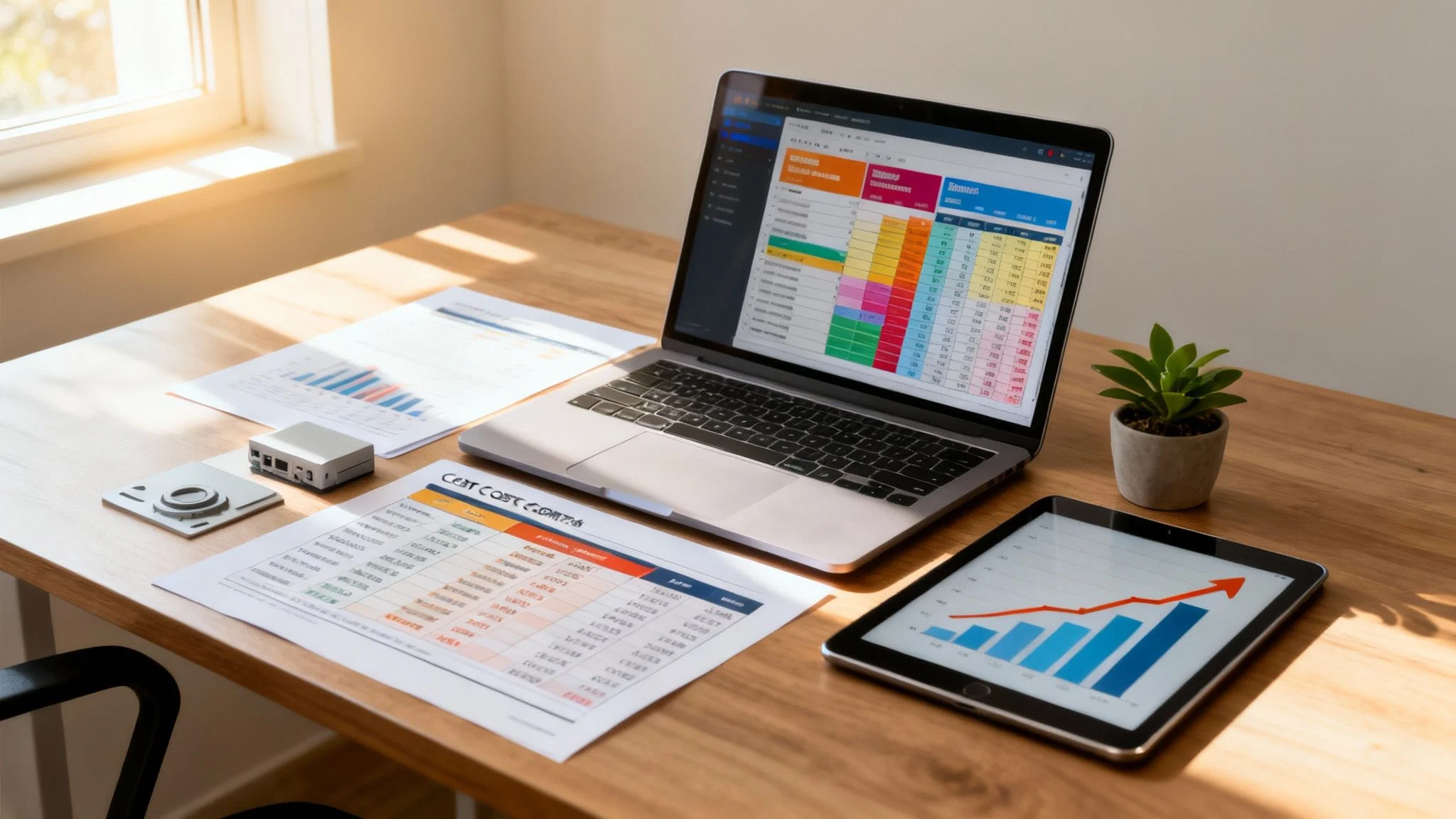A laptop displaying colourful spreadsheets sits on a wooden desk beside printed charts, a tablet showing an upward trend graph, a small potted plant, and a compact device, all lit by sunlight from a nearby window.