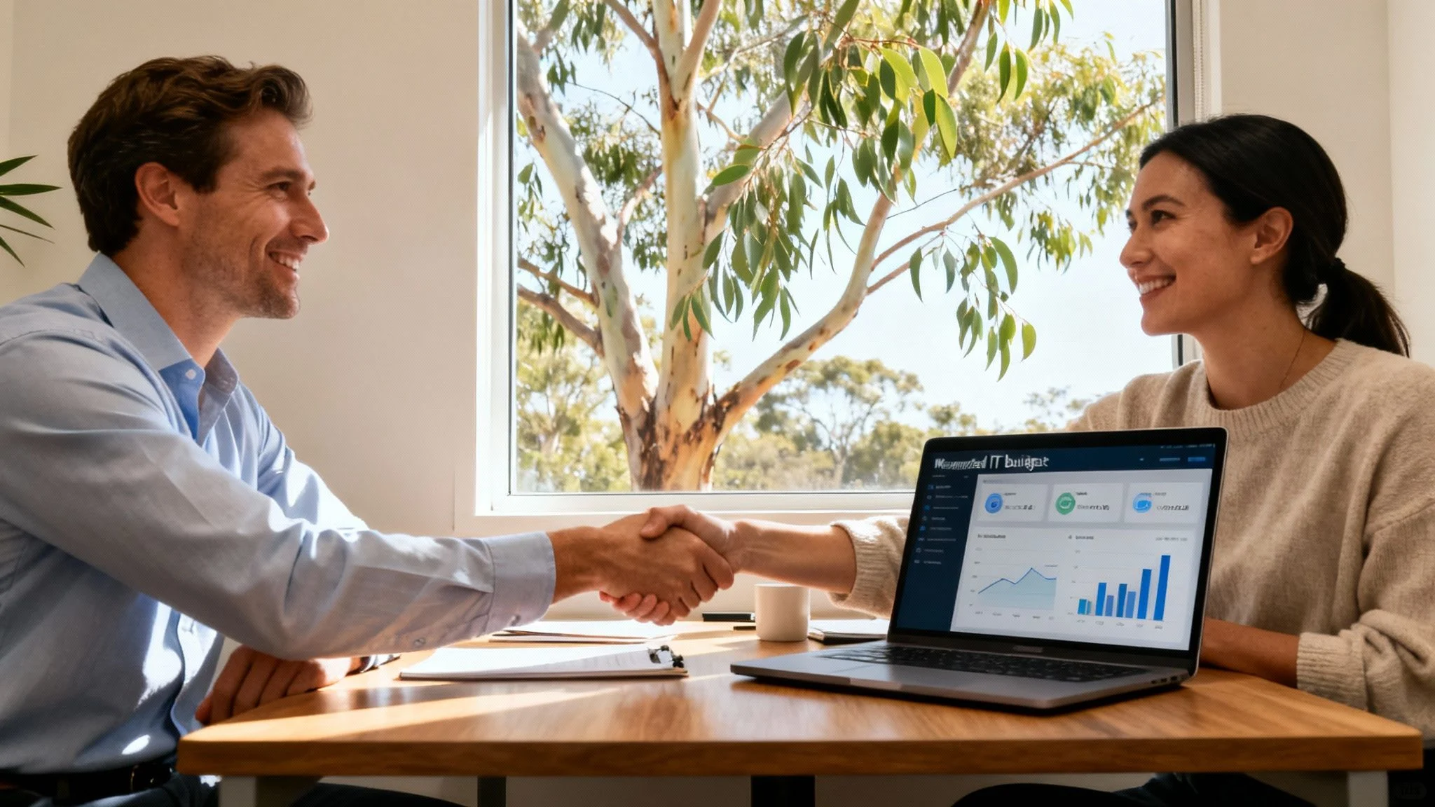 Two smiling professionals shaking hands across a table with a laptop displaying IT budget data.