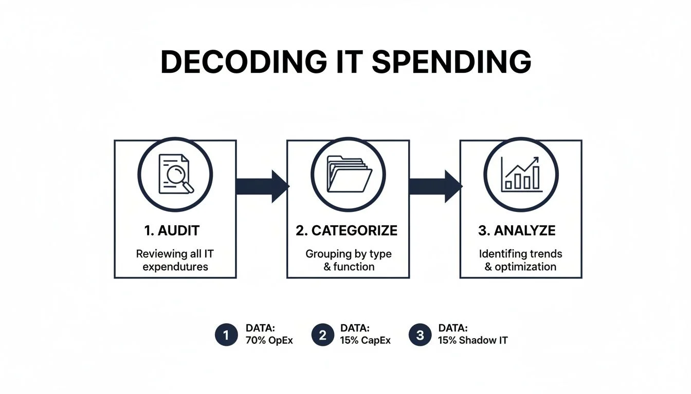 Infographic showing a three-step process for decoding IT spending: audit, categorize, and analyze, with data points.