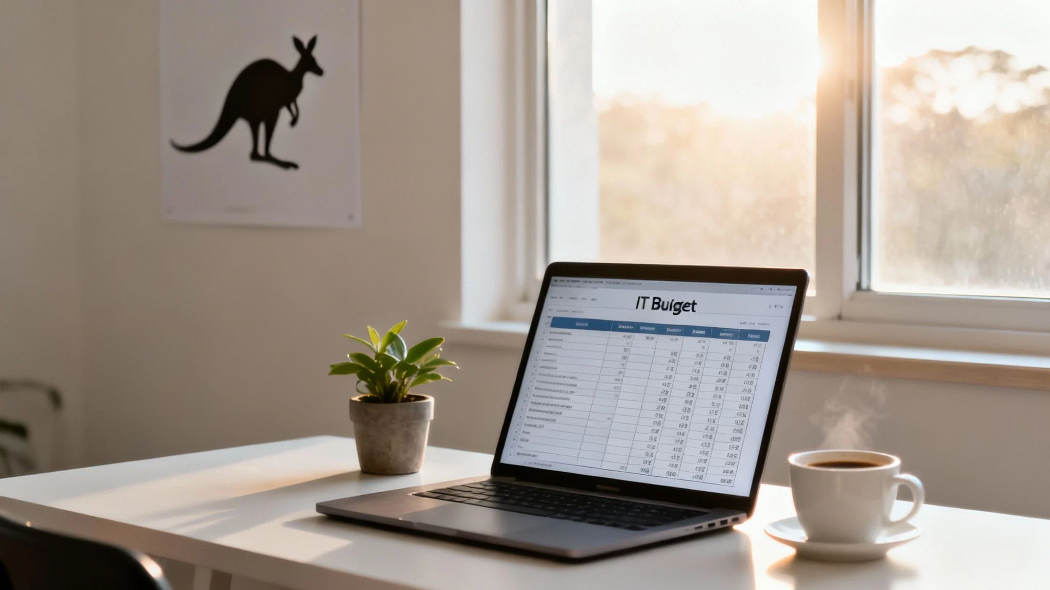 A laptop showing an IT budget spreadsheet, a small plant, and a steaming cup of coffee on a sunny desk.