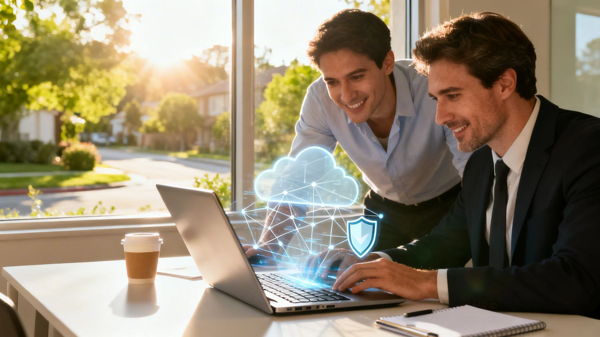 Two men in business attire smile while looking at a laptop, with digital graphics of a cloud and security shield overlaid, suggesting cloud computing or cyber security. Sunlight streams through large windows behind them.