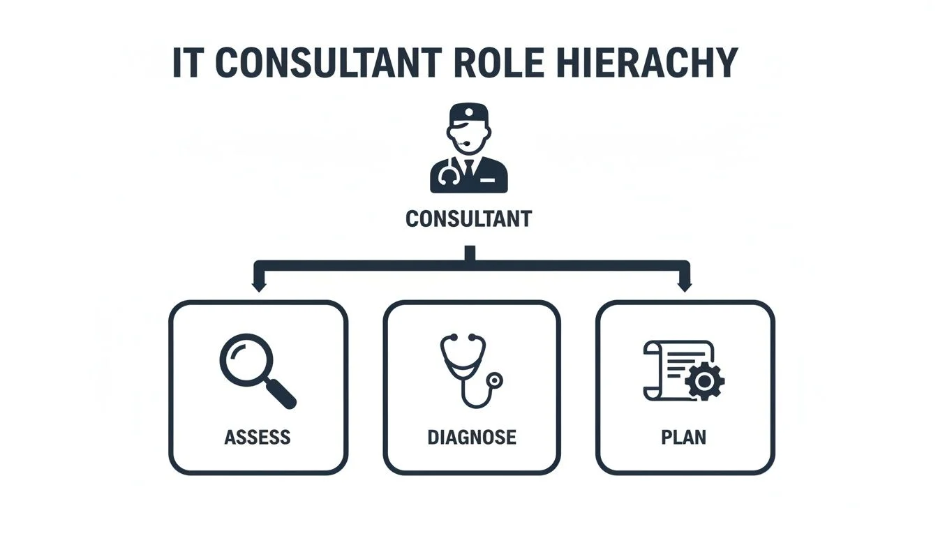 A hierarchy diagram showing an IT Consultant's role with steps: Assess, Diagnose, and Plan.