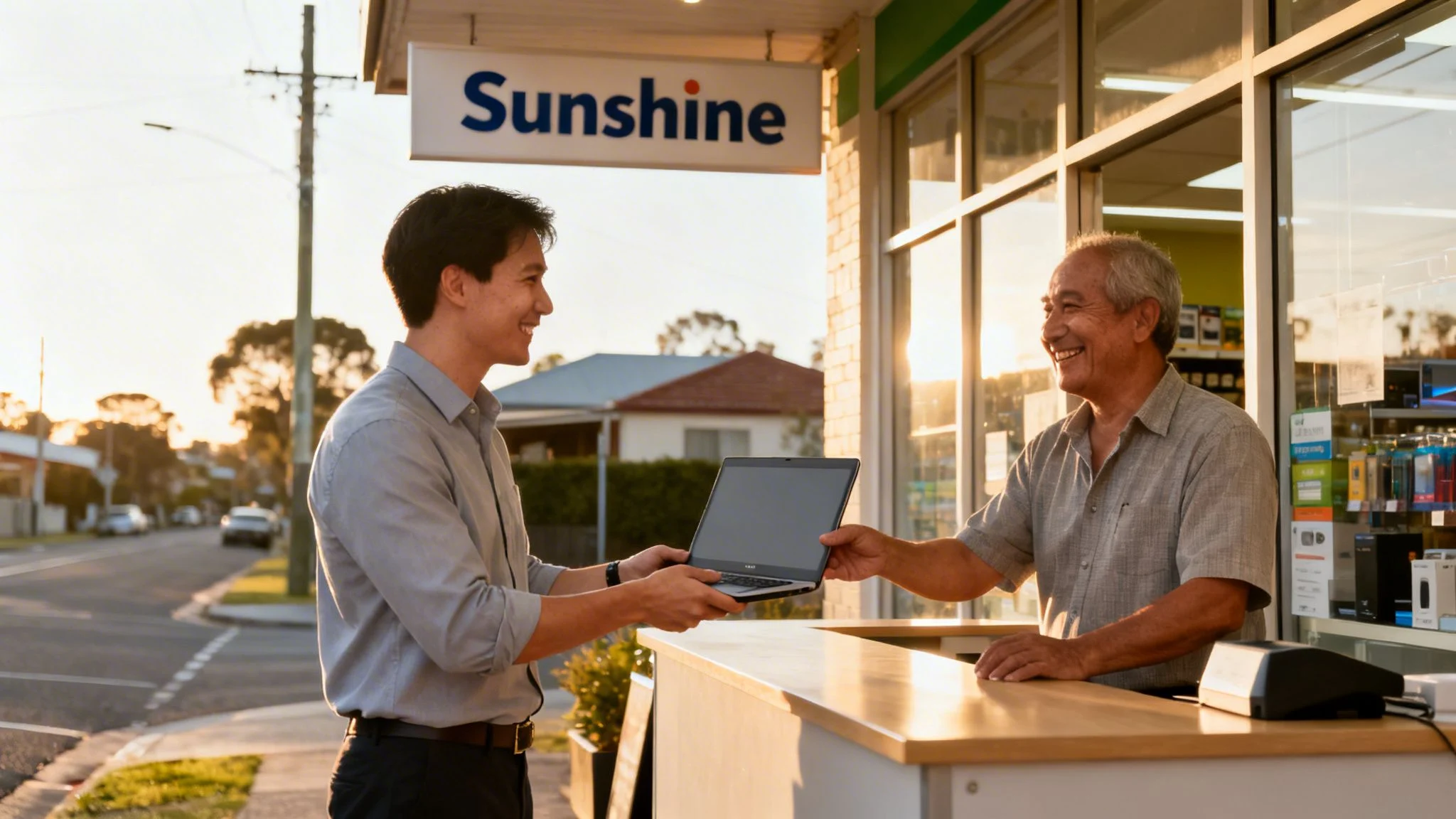 A young man hands a laptop to an older man smiling at a service counter under a 'Sunshine' sign.