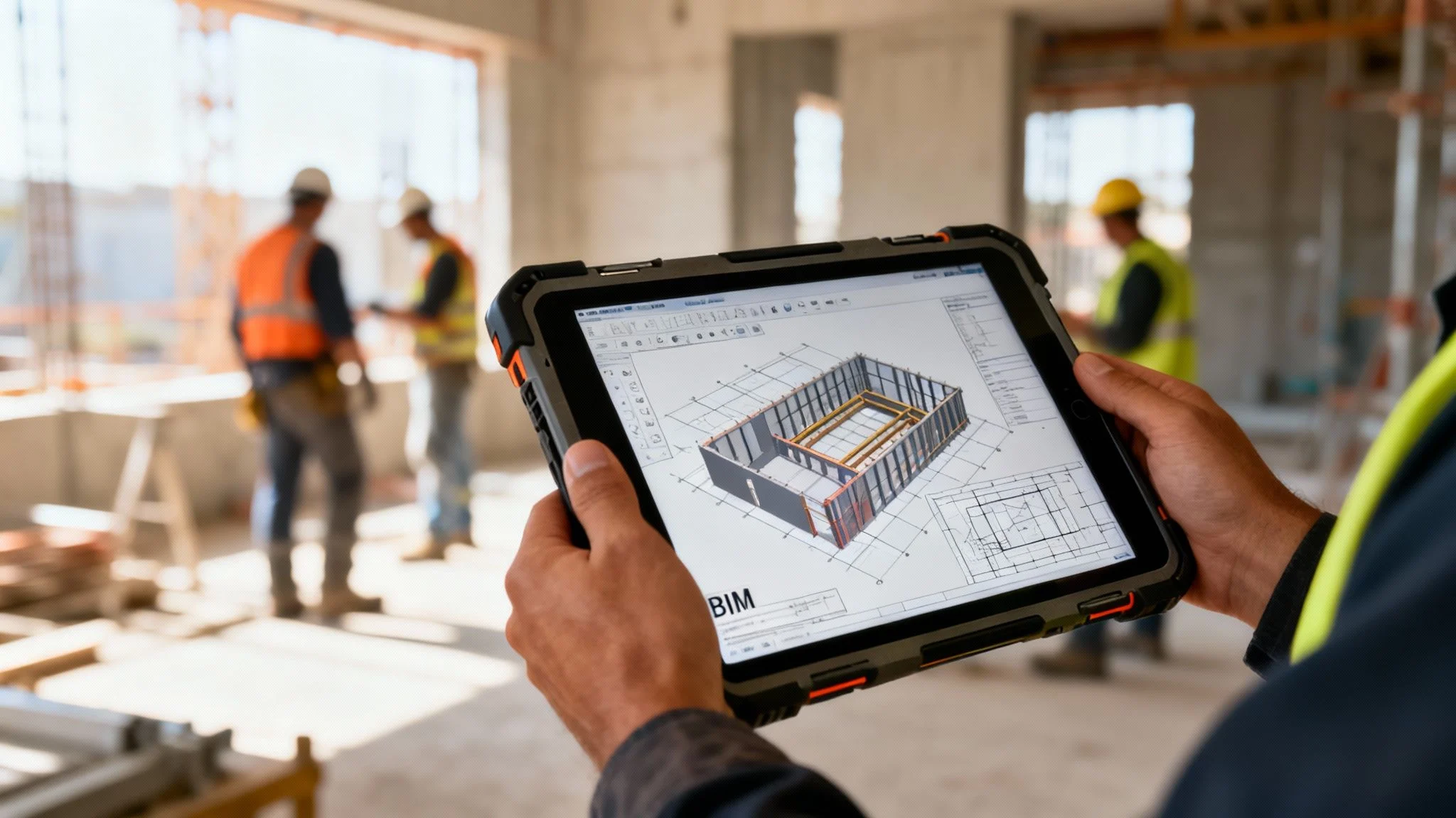 Construction worker uses a rugged tablet to view a 3D building information model (BIM) on a construction site.