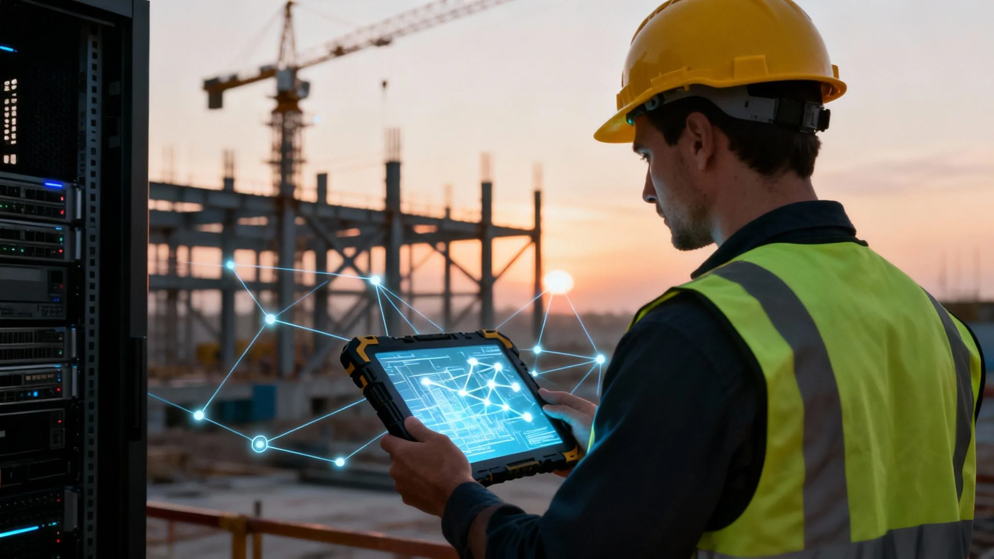 A construction worker in a yellow helmet and safety vest uses a digital tablet displaying a network diagram at a construction site, with cranes and a building frame visible in the background at sunset.
