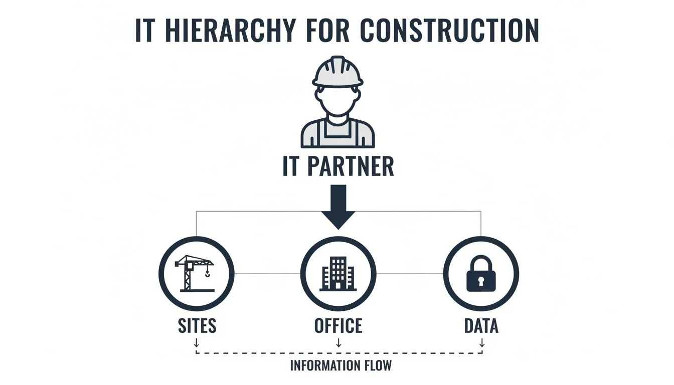 IT hierarchy for construction showing IT partner supporting sites, office, and data information flow.