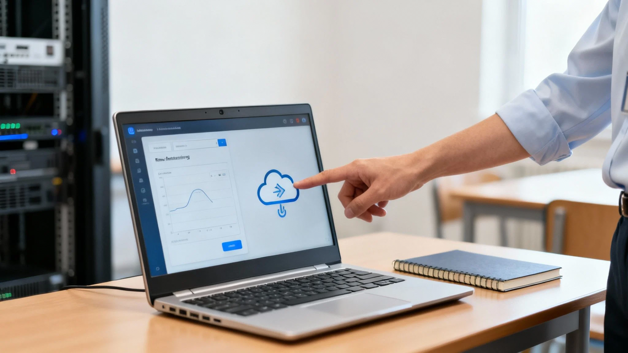 A person’s hand points to a cloud upload icon on a laptop screen, which also displays a graph. The laptop is on a desk with a notebook and pen, and computer servers are visible in the background.