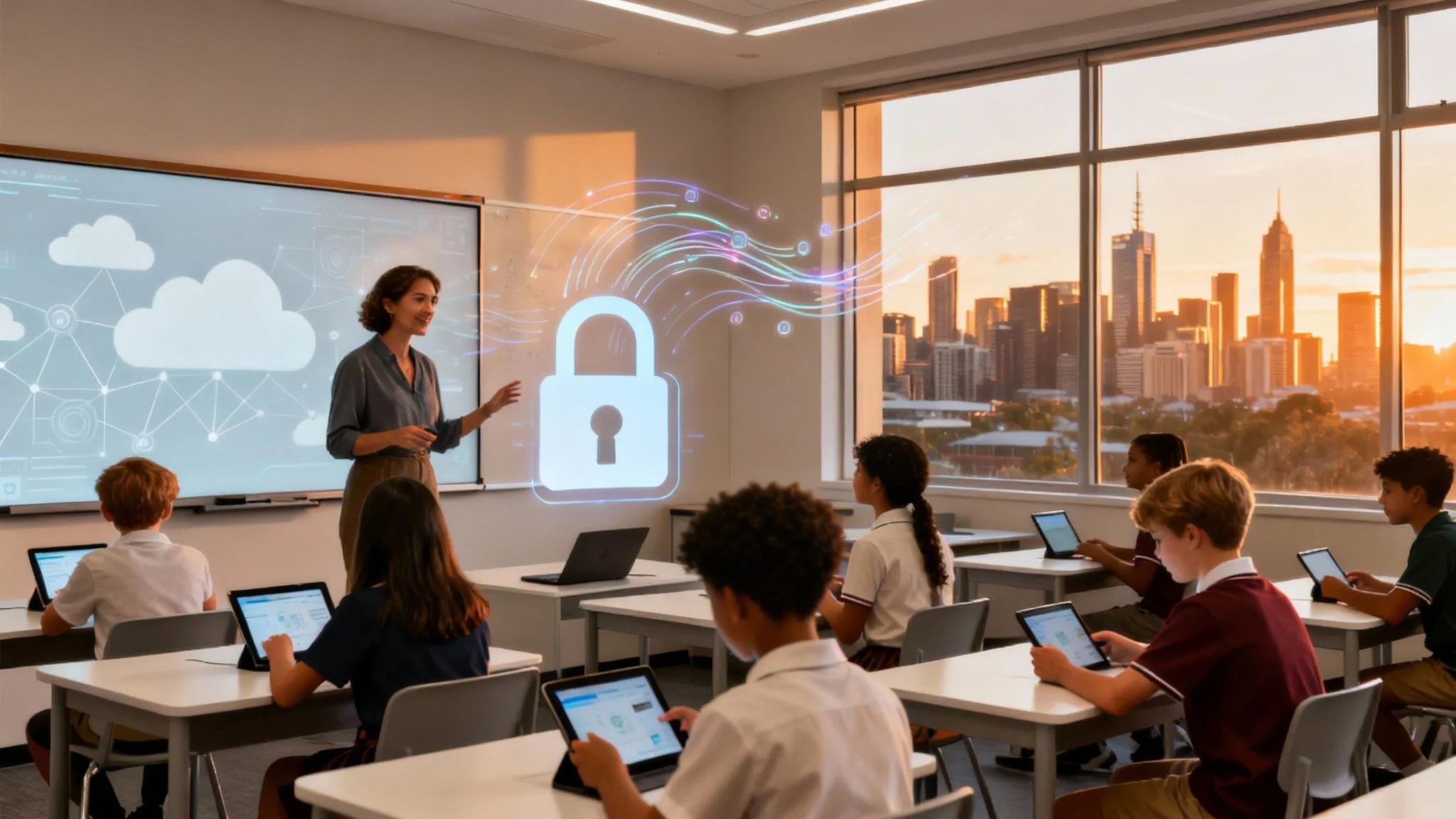 A teacher stands by a digital whiteboard displaying a large padlock icon, teaching pupils who are using tablets in a classroom with large windows overlooking a cityscape at sunset.