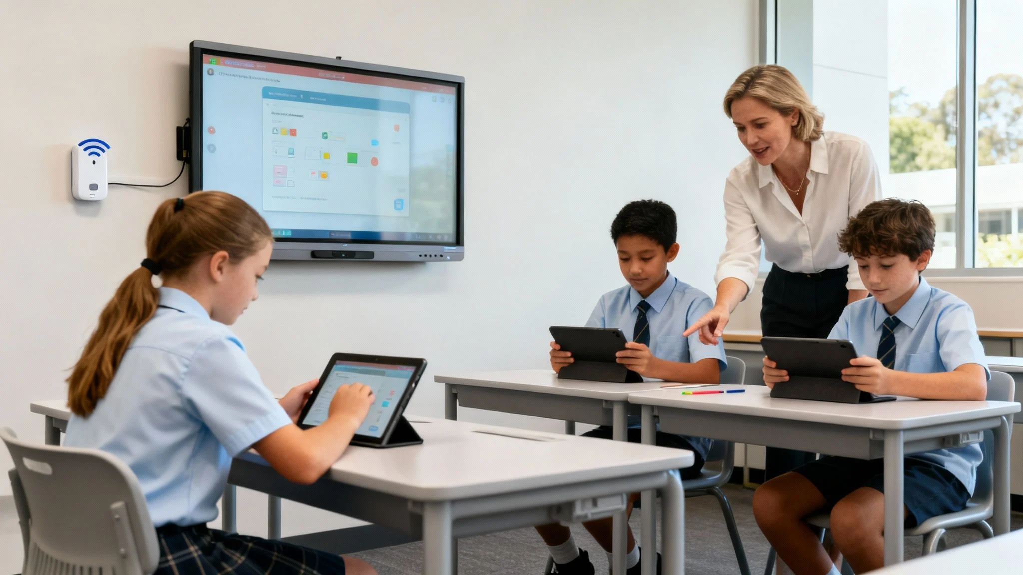 A female teacher helps three pupils in school uniforms using tablets at their desks in a modern classroom with a digital whiteboard displaying educational content.