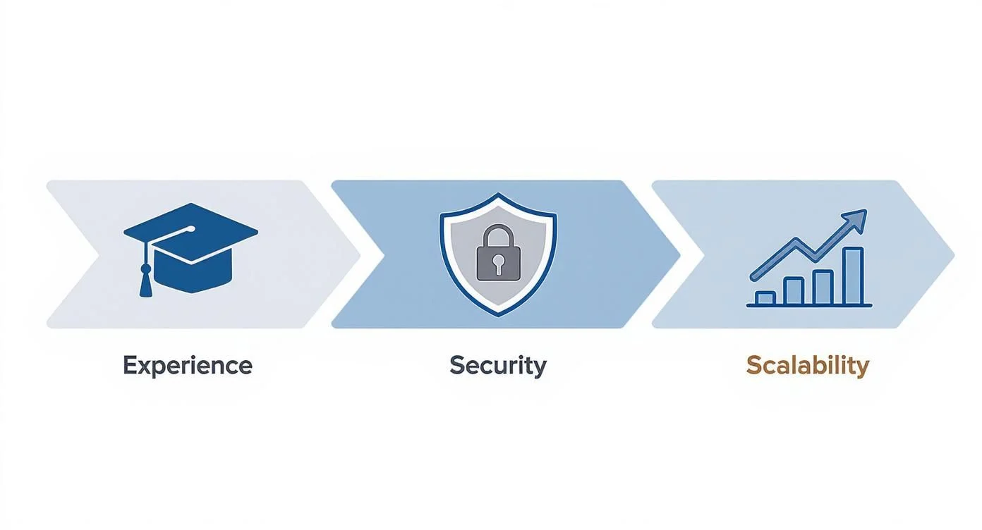 Three icons in blue chevrons: a graduation cap labelled Experience, a shield with a padlock labelled Security, and an upward graph labelled Scalability in gold text.