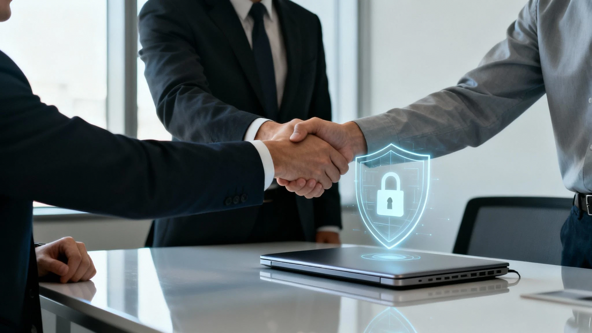 Two people in business attire shake hands over a desk with a closed laptop, while a digital lock icon inside a shield is superimposed, symbolising cybersecurity or a secure business agreement.