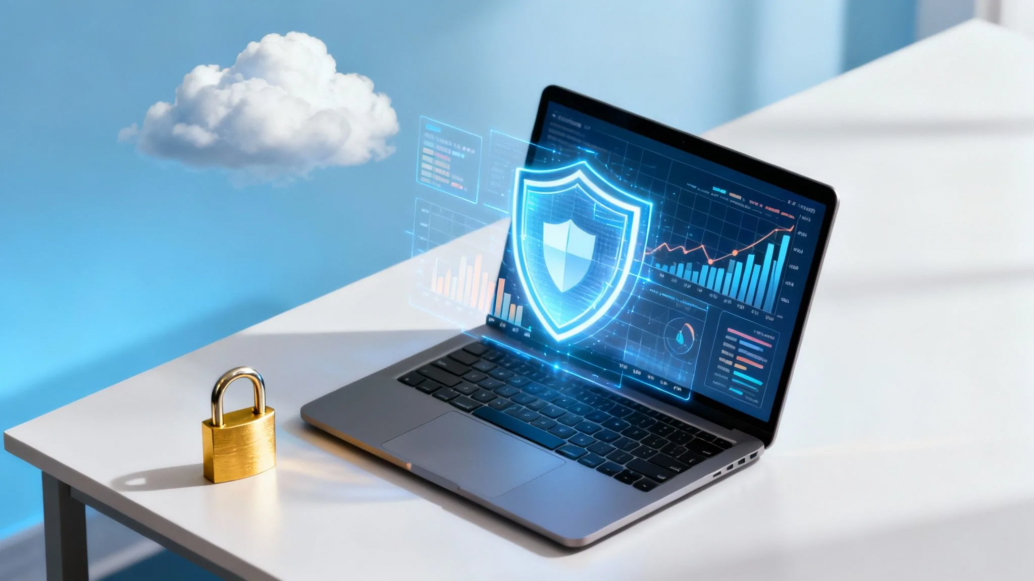 A laptop on a white desk displays data charts, with a glowing digital shield icon in front of the screen. A cloud icon and a padlock are beside the laptop, symbolising cyber security and cloud protection.