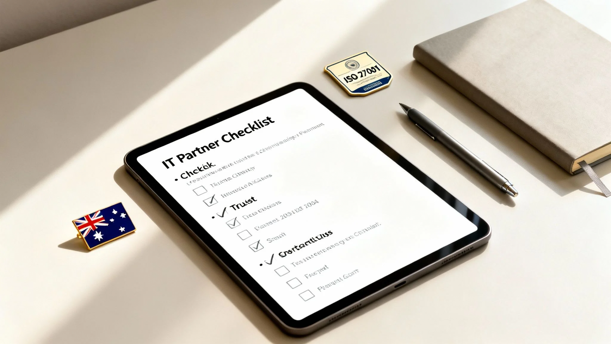 A tablet on a desk displays an “IT Partner Checklist” with several items ticked. Nearby are a pen, a closed notebook, an ISO 27001 badge, and a pin with the Australian flag.