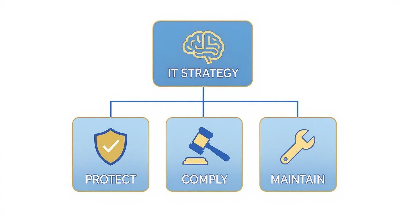 A flowchart for IT strategy with three branches: Protect (shield icon), Comply (gavel icon), and Maintain (spanner icon). Each branch is represented in a blue and yellow box.
