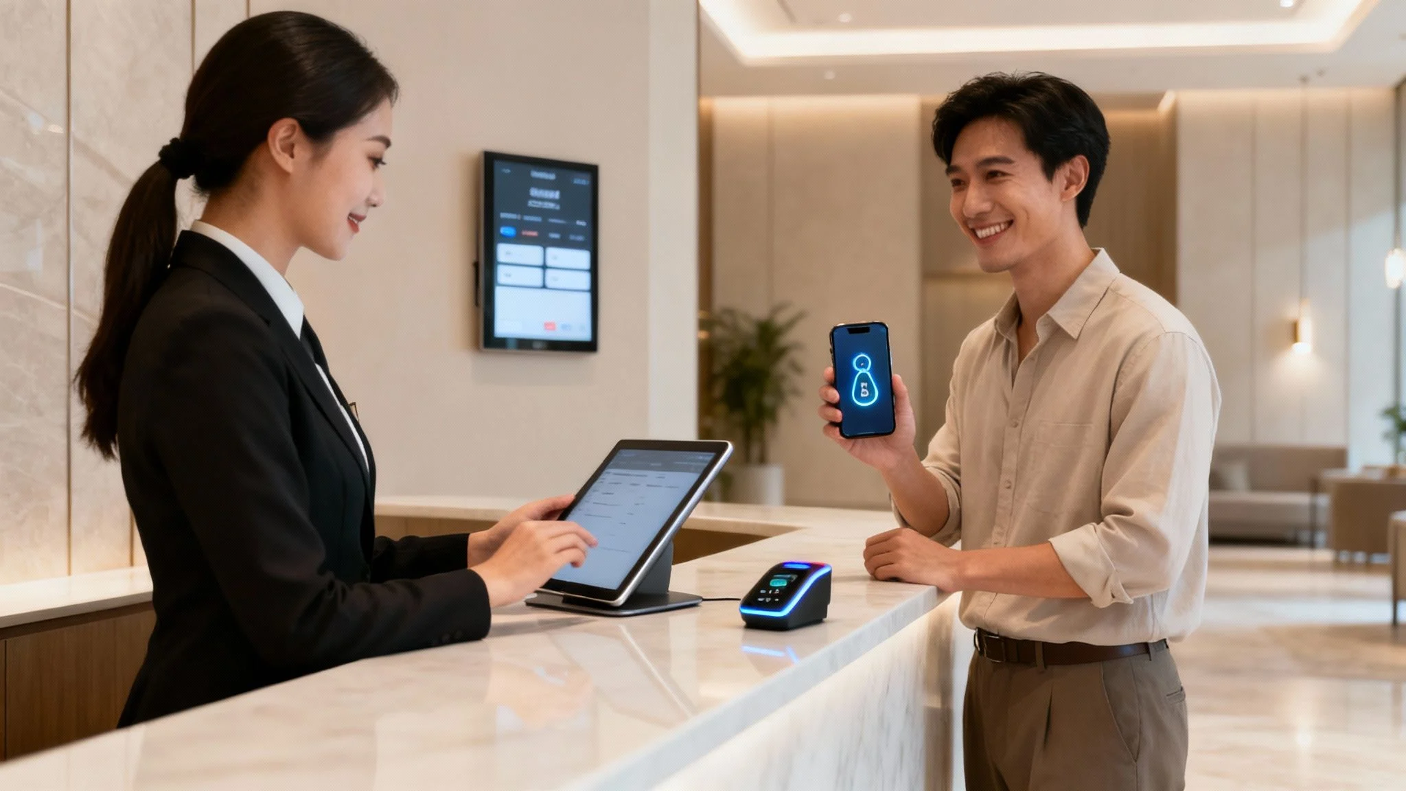 Receptionist assists a guest checking in with a smartphone digital key at a modern hotel.