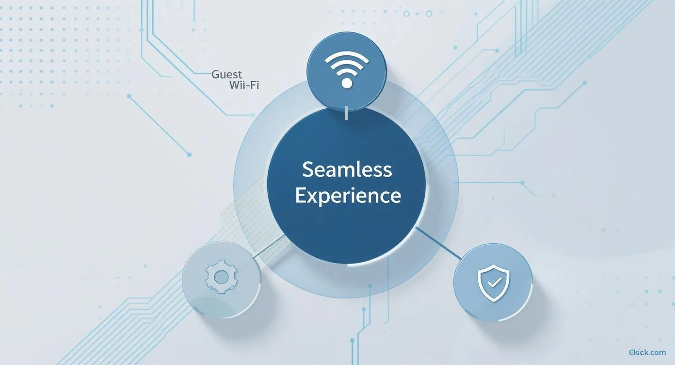 A diagram illustrating 'Seamless Experience' central to Wi-Fi, settings, and security features on a tech background.
