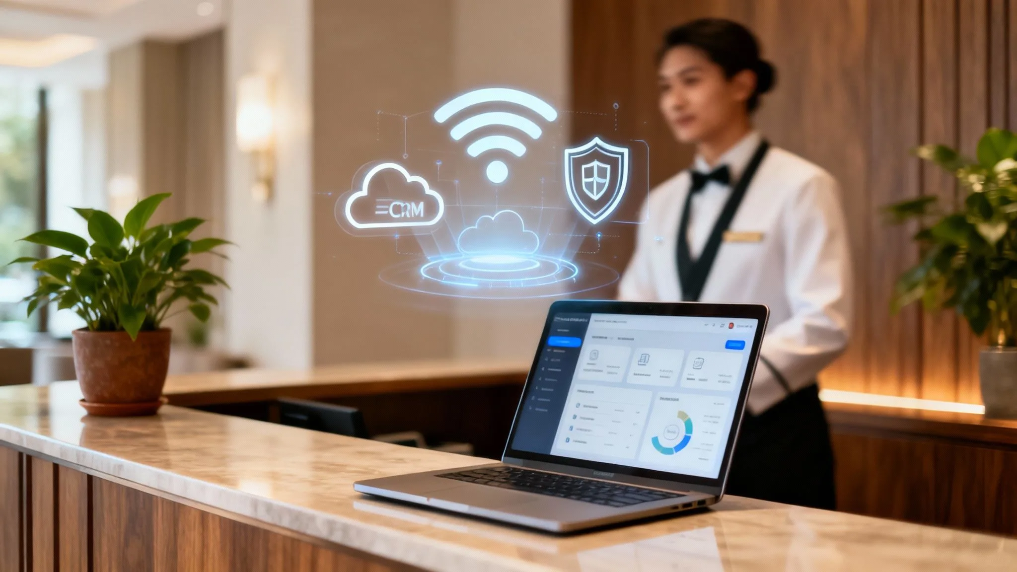 A hotel receptionist uses a touchscreen device at a modern reception desk with a computer and printer; digital graphics of cloud storage, Wi-Fi, security, and POS icons float above the counter.