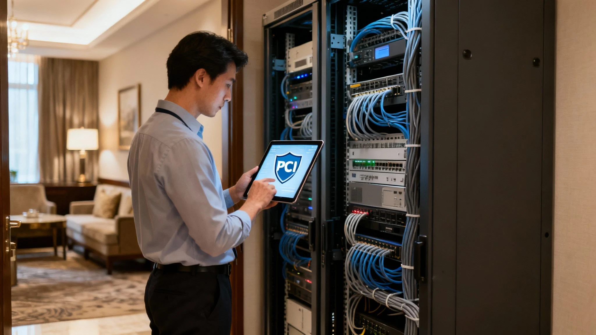 IT professional checking server racks with a tablet displaying a PCI security logo in a hospitality environment.
