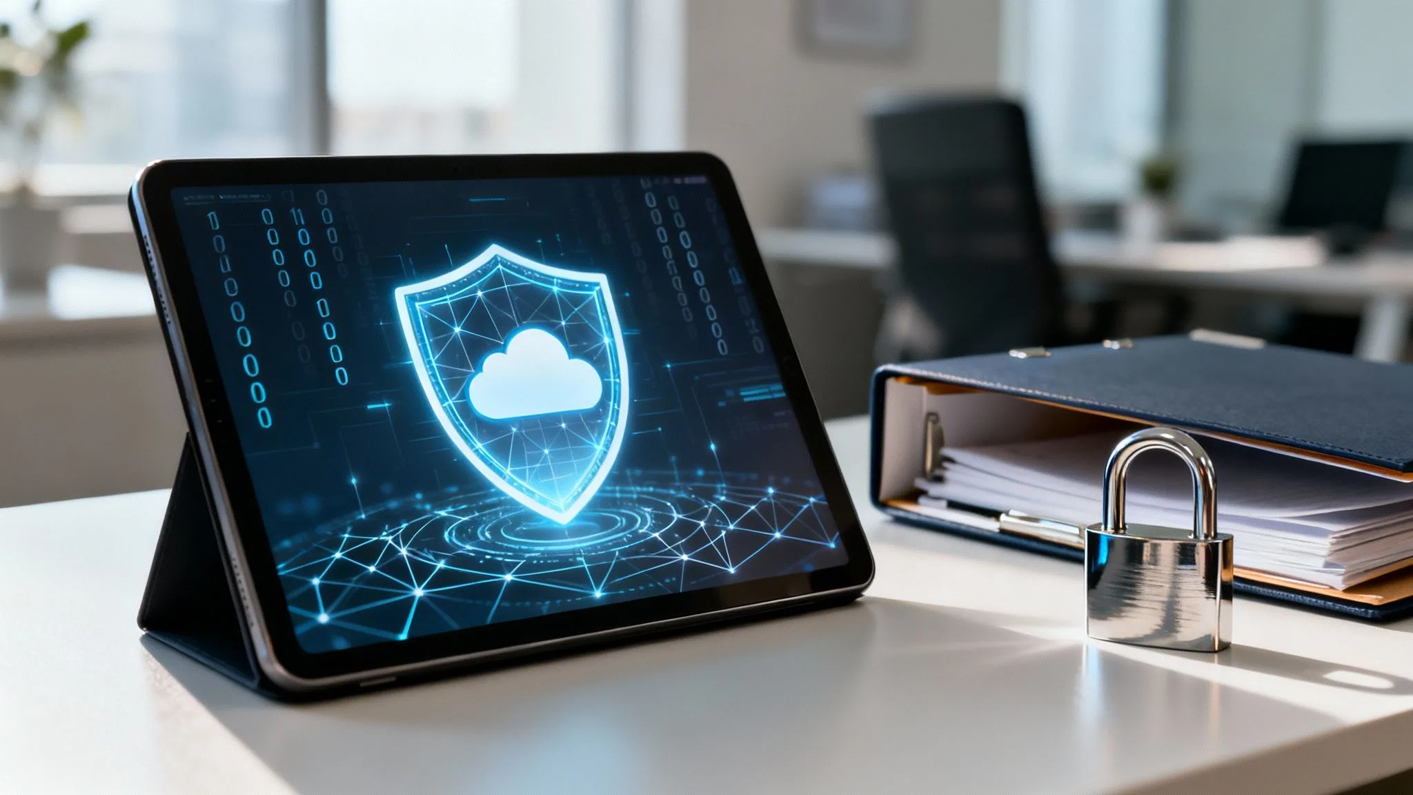A tablet displays a glowing shield and cloud icon, symbolising cybersecurity, on a desk next to a file and a padlock in a bright, modern office setting.