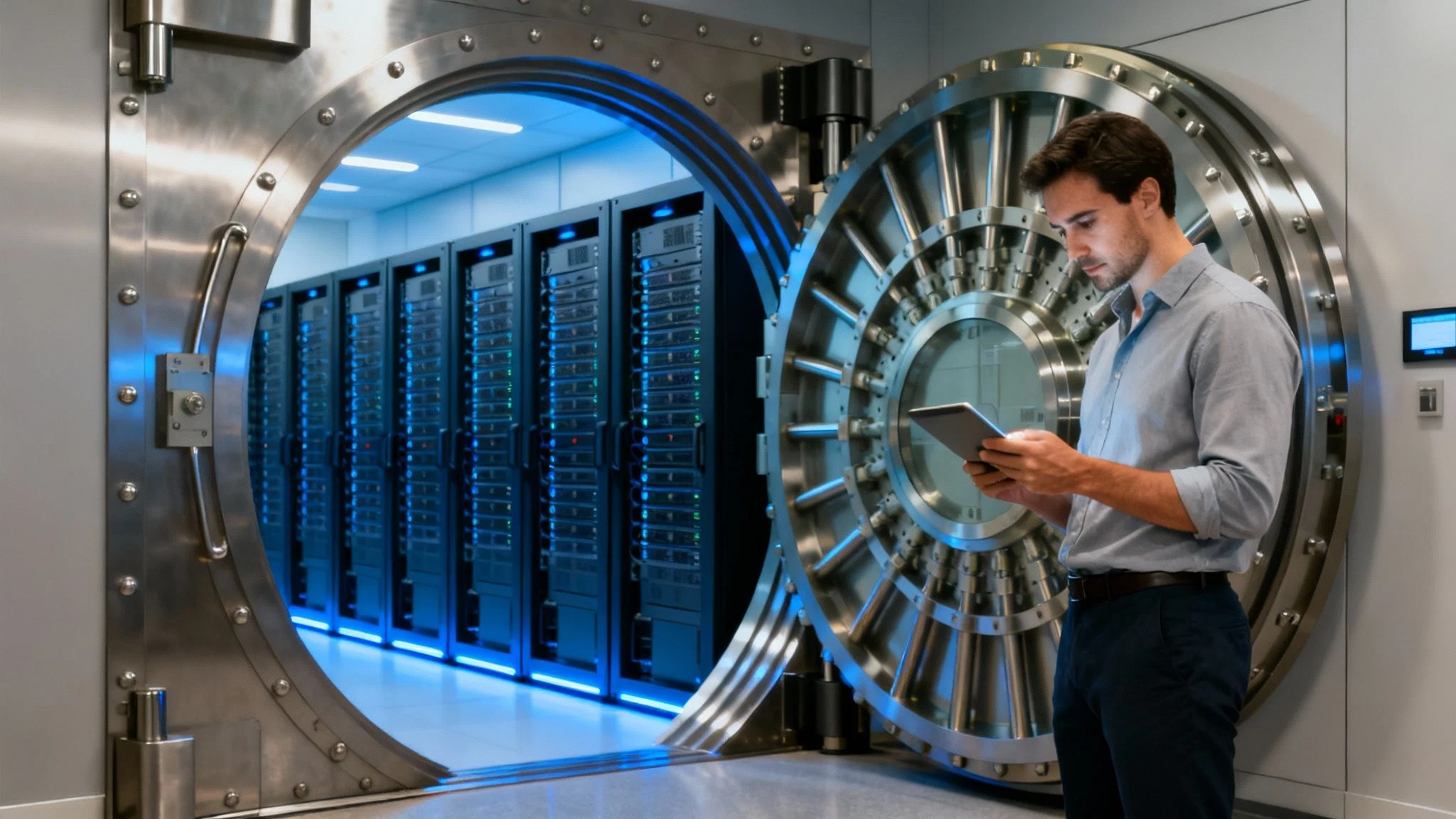 A man with a tablet stands before a large vault door revealing rows of data servers.