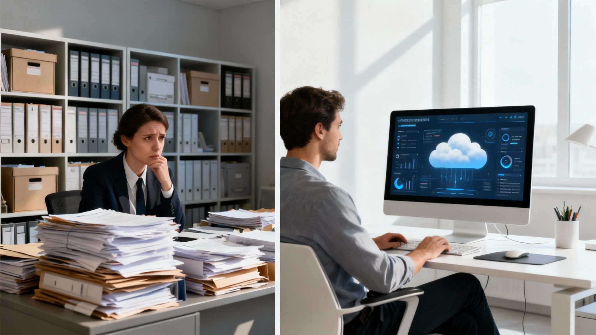 A stressed woman with paper stacks contrasts with a calm man using cloud software on a computer.