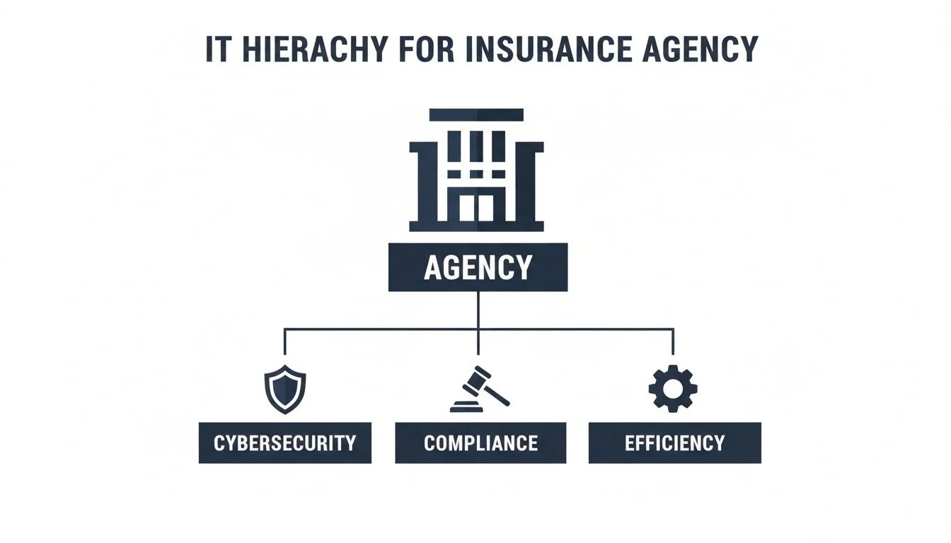 IT hierarchy diagram for an insurance agency, highlighting cybersecurity, compliance, and efficiency.