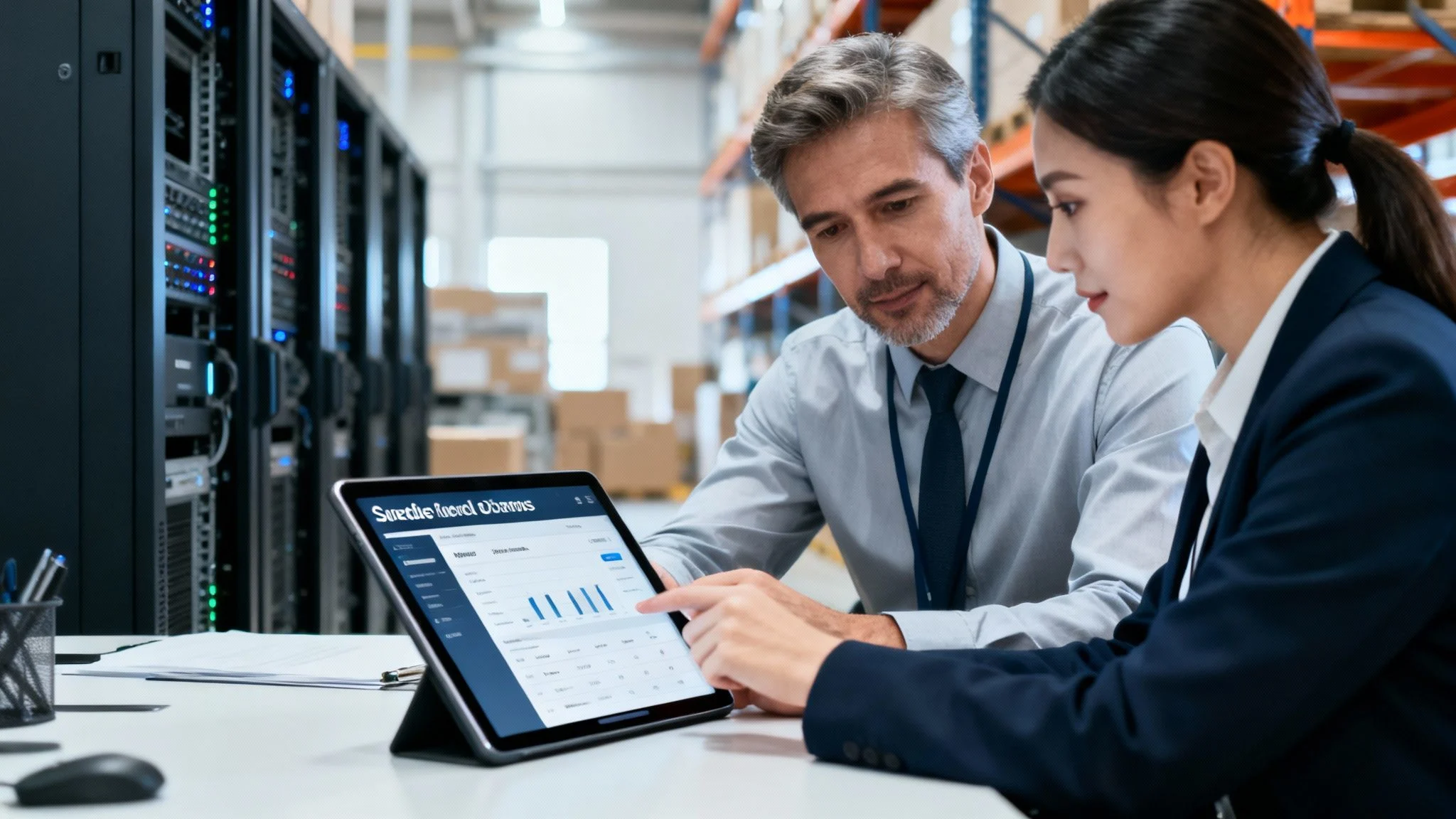Two IT professionals analyze logistics data on a tablet in a modern server room environment.