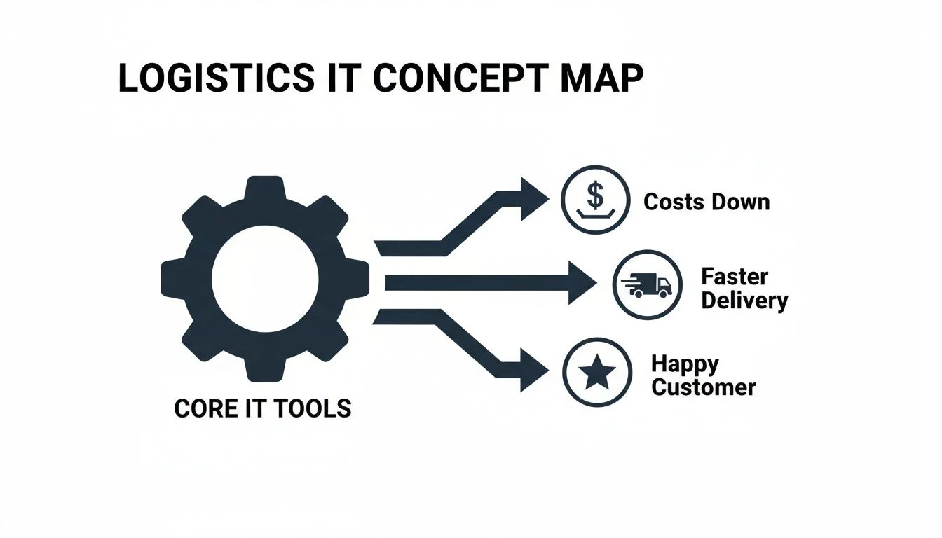 A logistics IT concept map illustrating core IT tools driving down costs, enabling faster delivery, and ensuring happy customers.