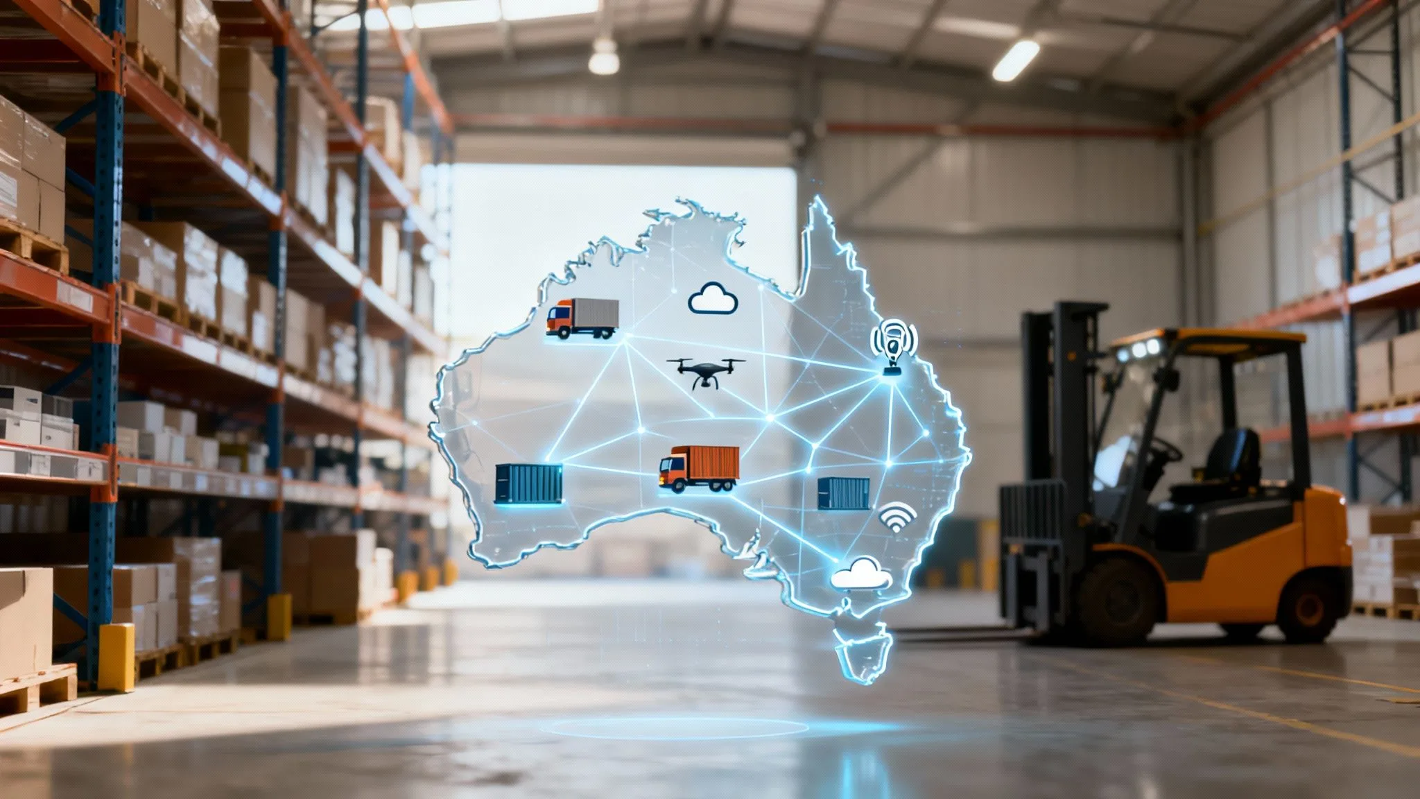 A warehouse interior with shelves and a forklift truck. Overlaid is a digital map of Australia showing icons of lorries, containers, a drone, and network signals, representing logistics and smart supply chain technology.