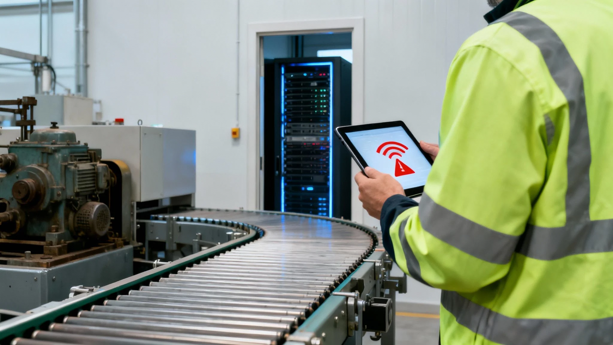 A person in a high-visibility jacket holds a tablet displaying a warning symbol near a conveyor belt in an industrial setting with machinery and server racks in the background.