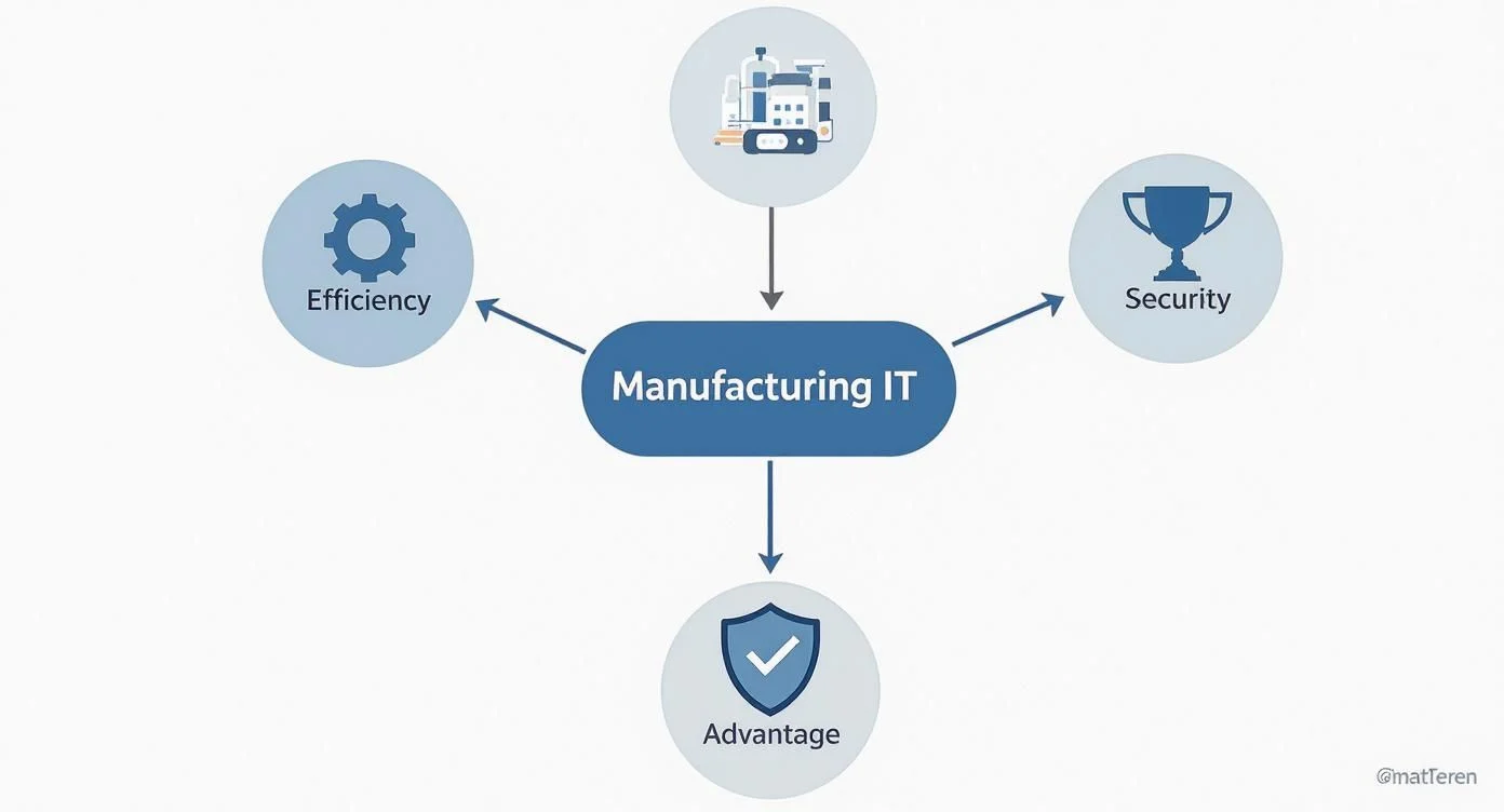 A diagram shows Manufacturing IT at the centre with arrows pointing to three benefits: Efficiency (gear icon), Security (trophy icon), and Advantage (shield with tick icon).