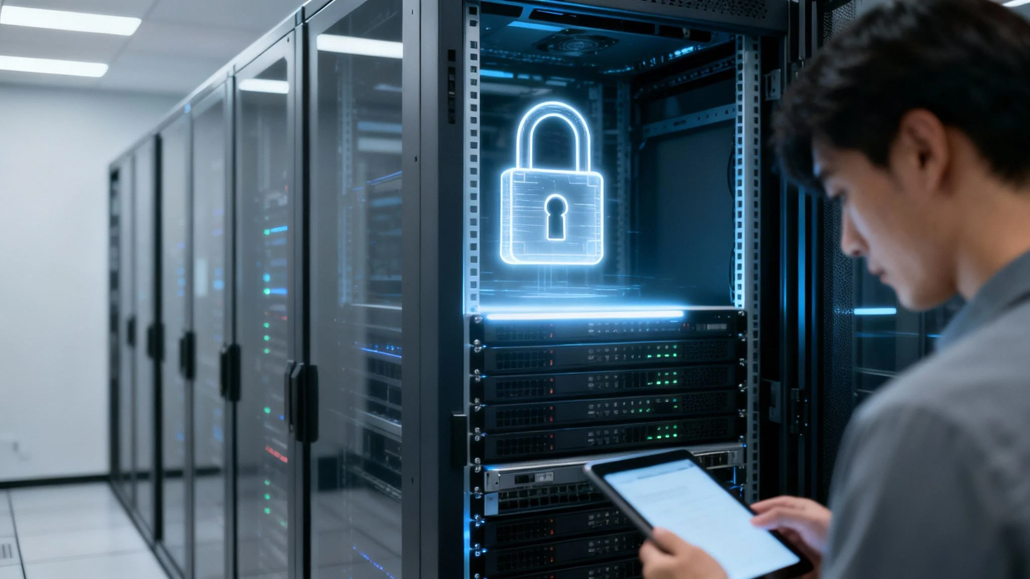 A technician monitors server racks displaying a glowing digital padlock, symbolizing data security in a data center.