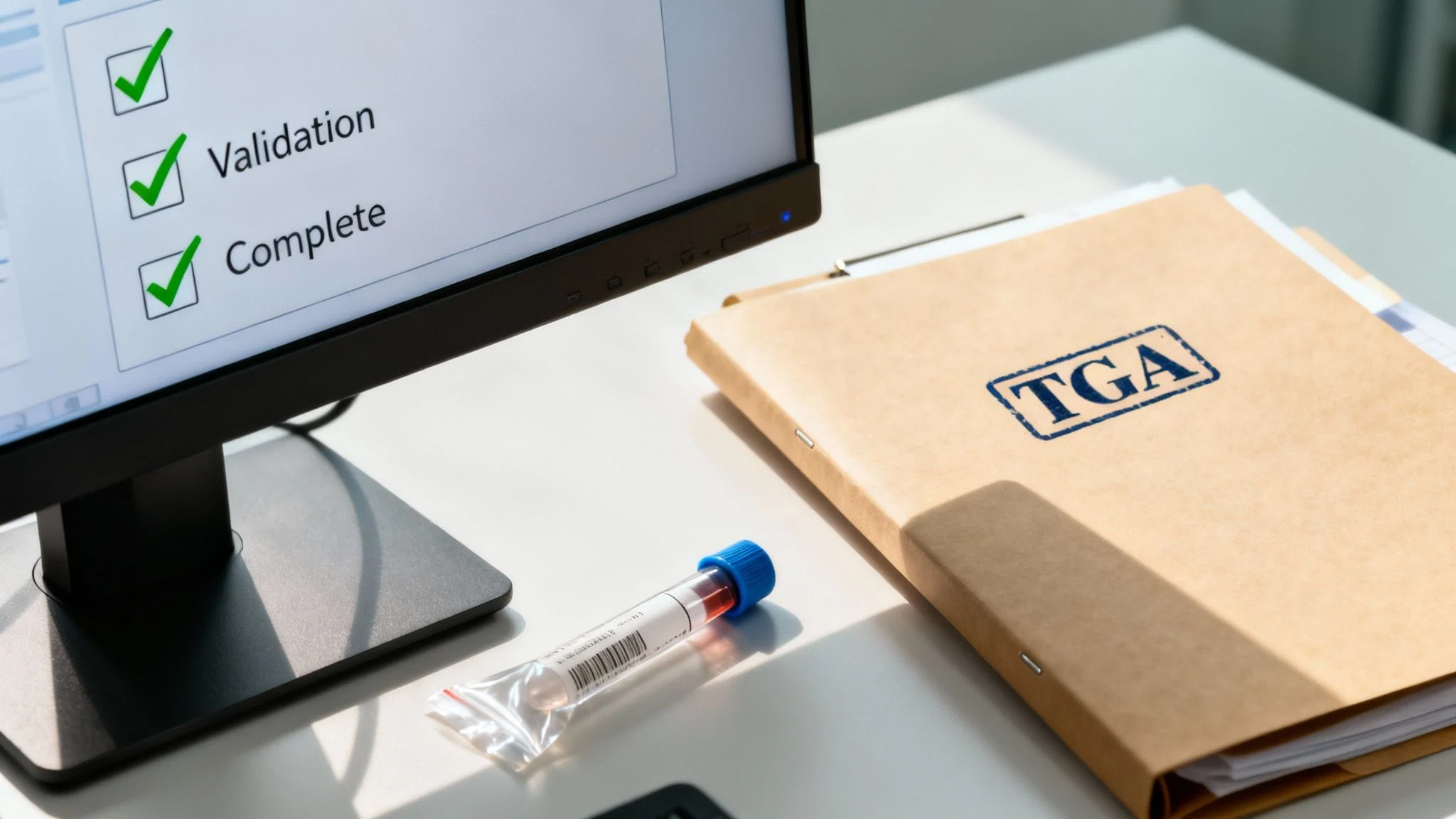 Computer monitor displays "Validation Complete" checklist next to a blood sample tube and TGA folder.
