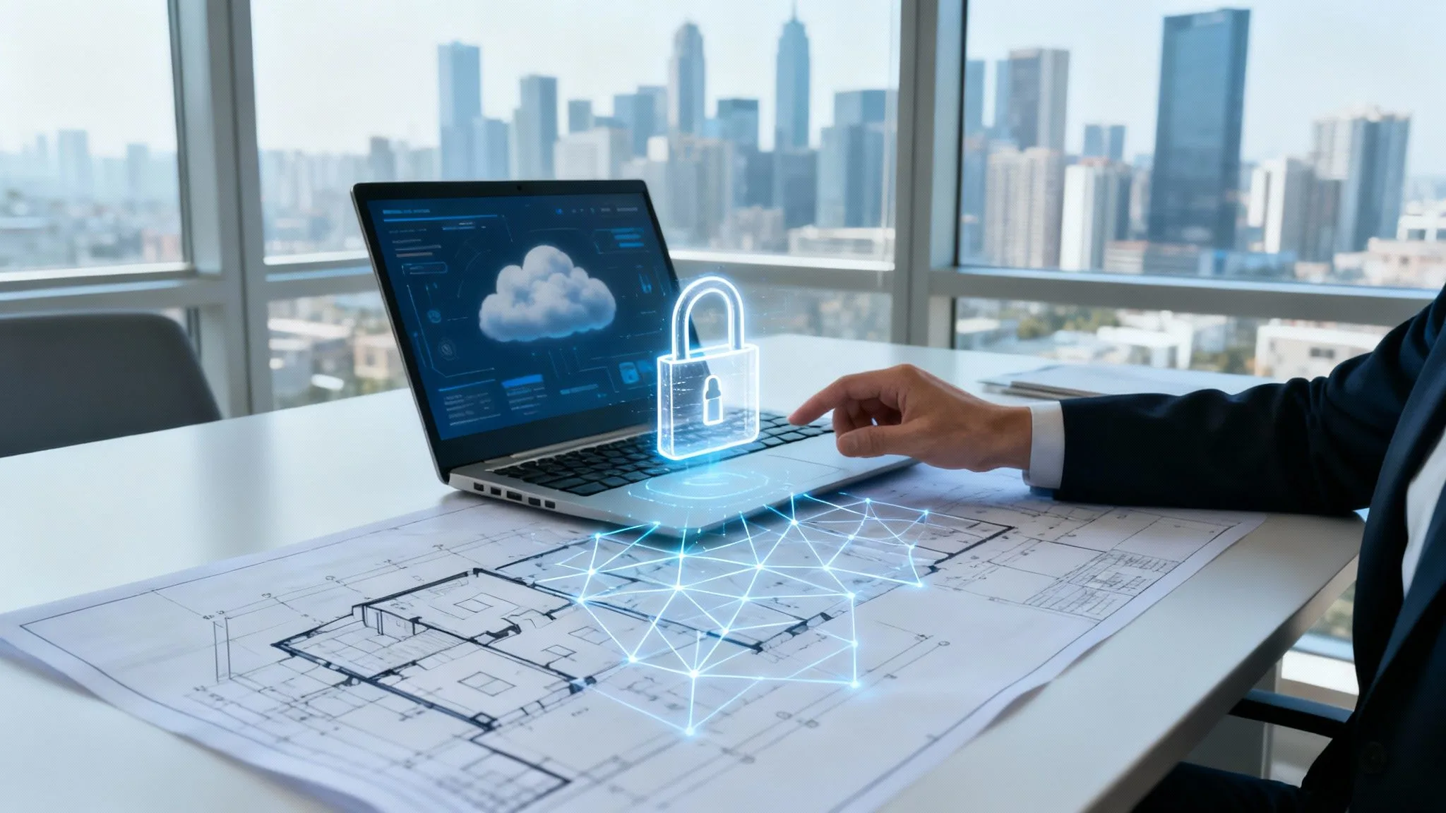 A person uses a laptop displaying cloud graphics and a padlock icon, symbolising cybersecurity, on a desk with building blueprints; a city skyline is visible outside large windows.
