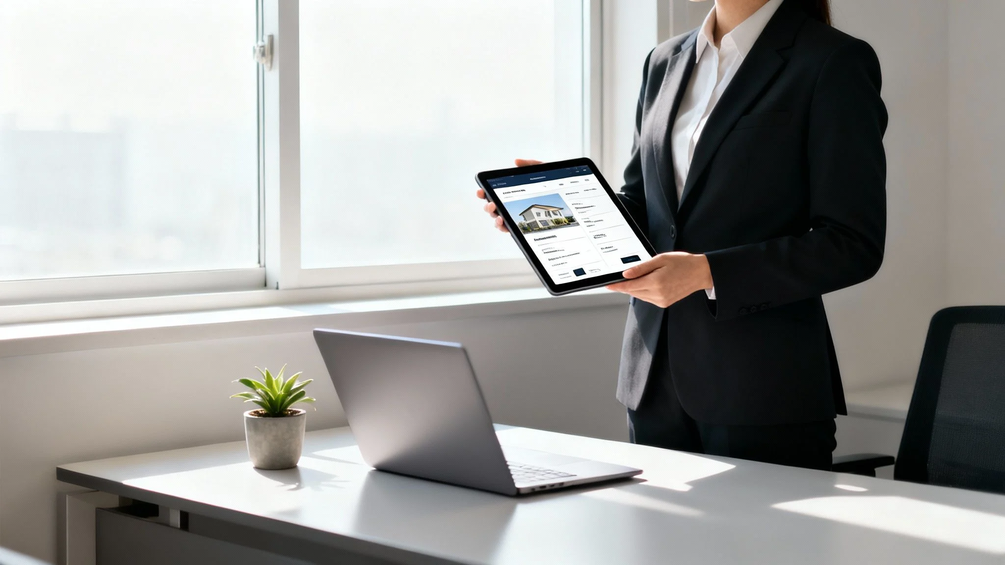 A person in a business suit stands by a desk, holding a tablet displaying property listings. A laptop and a small potted plant are on the desk next to a large window letting in natural light.