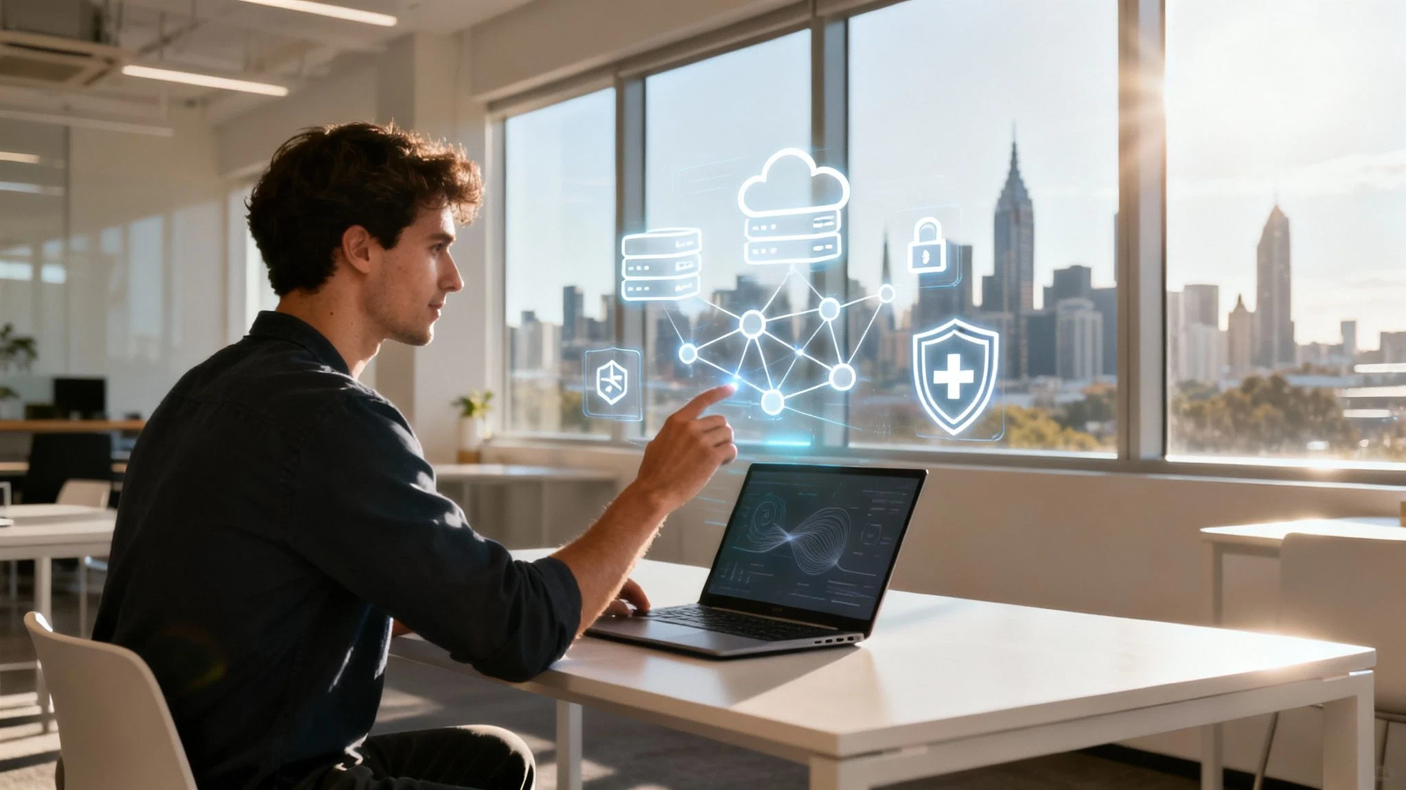 A man sits at a desk using a laptop in a modern office with large windows. He interacts with virtual digital icons, including a cloud, network, and shield, projected in the air. A city skyline is visible outside.