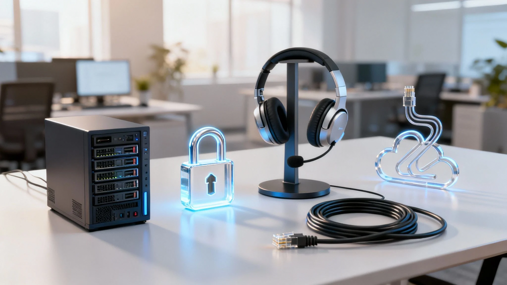 A server, a headset on a stand, a glowing padlock, a cloud-shaped light, and an Ethernet cable are displayed on a modern office desk, symbolising data security and cloud technology.