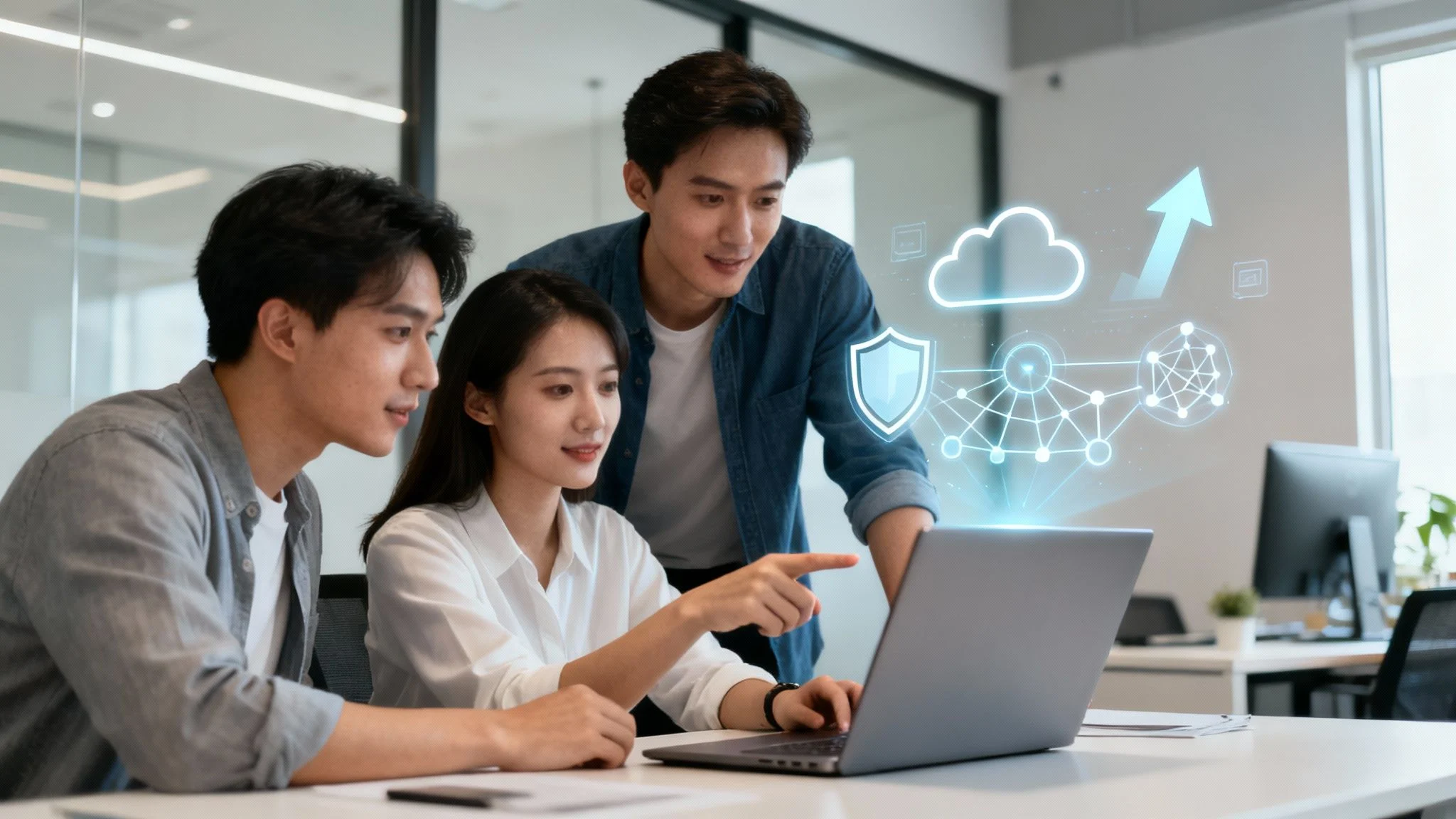 Three young adults collaborate at a desk with a laptop, while digital cloud and network icons are overlaid, suggesting cloud computing or data sharing in a modern office setting.