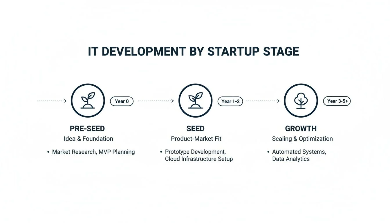 Infographic showing IT development stages: Pre-seed (idea, market research), Seed (product-market fit, prototype), and Growth (scaling, automation), with icons and year ranges for each stage.