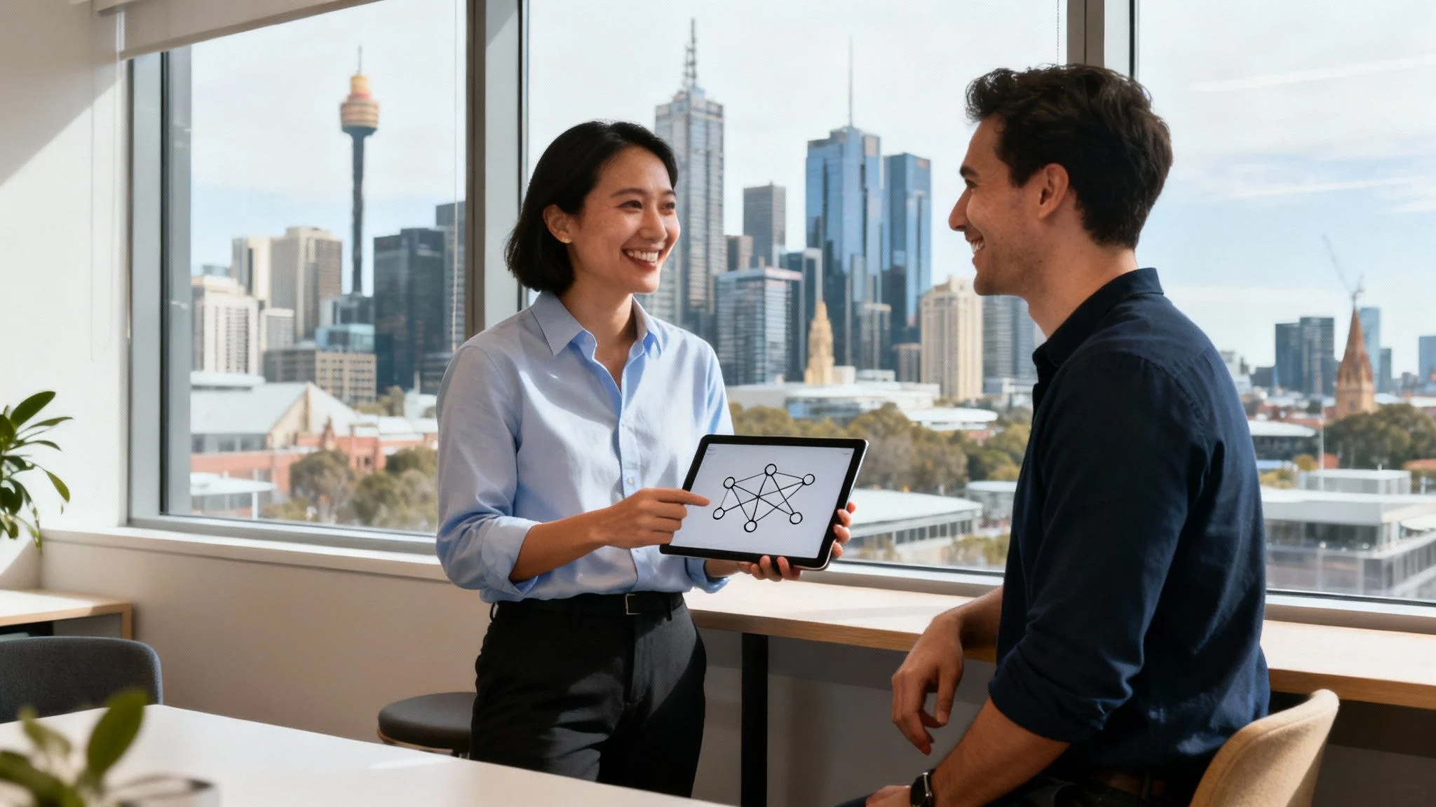 Two colleagues smiling and talking in a modern office with city views. One holds a tablet displaying a network diagram, while the other sits on a table. Large windows show tall buildings and a tower in the background.