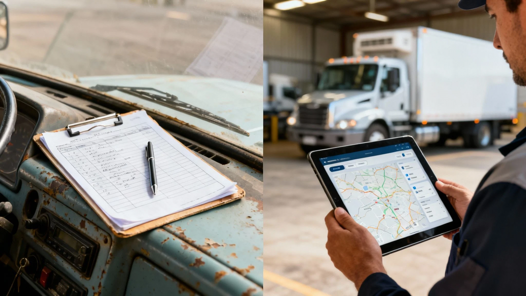 Manual paper records on an old truck dashboard versus modern digital logistics on a tablet.