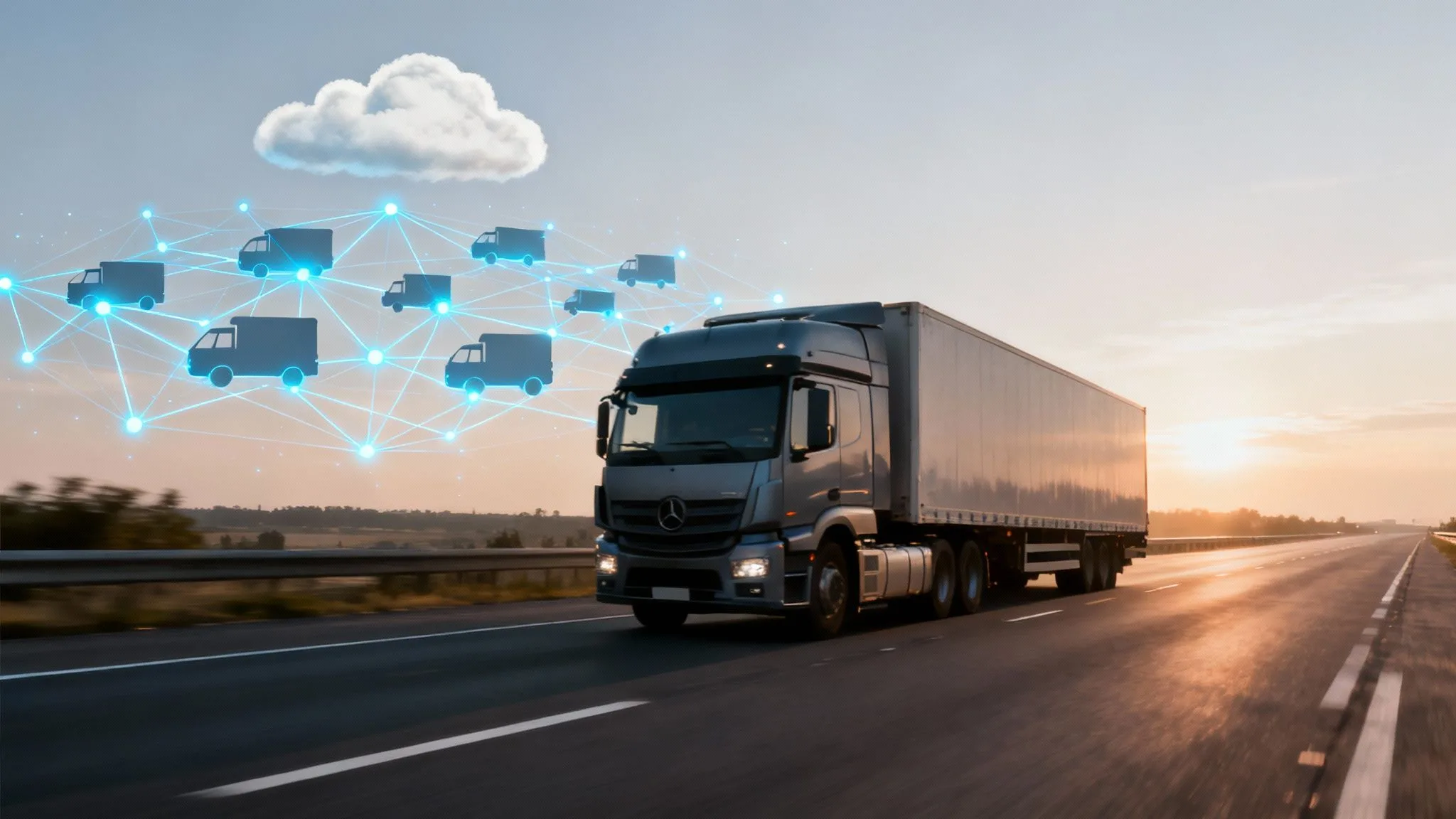 An articulated lorry drives on a motorway at sunset. Above, digital icons of lorries connected by lines and a cloud symbol illustrate cloud-based fleet management technology.
