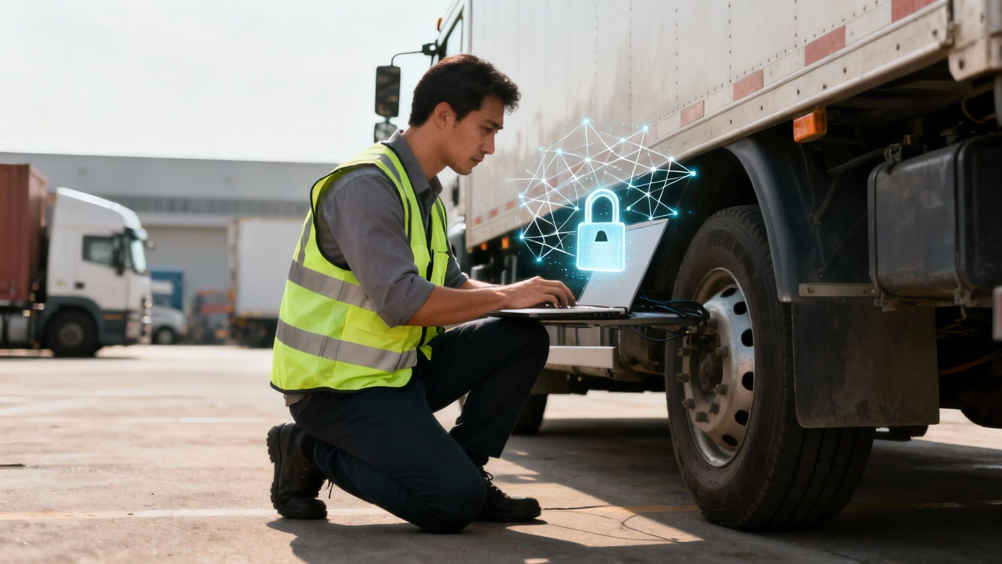 A man in a high-vis vest uses a laptop next to a truck, with a digital padlock overlay.