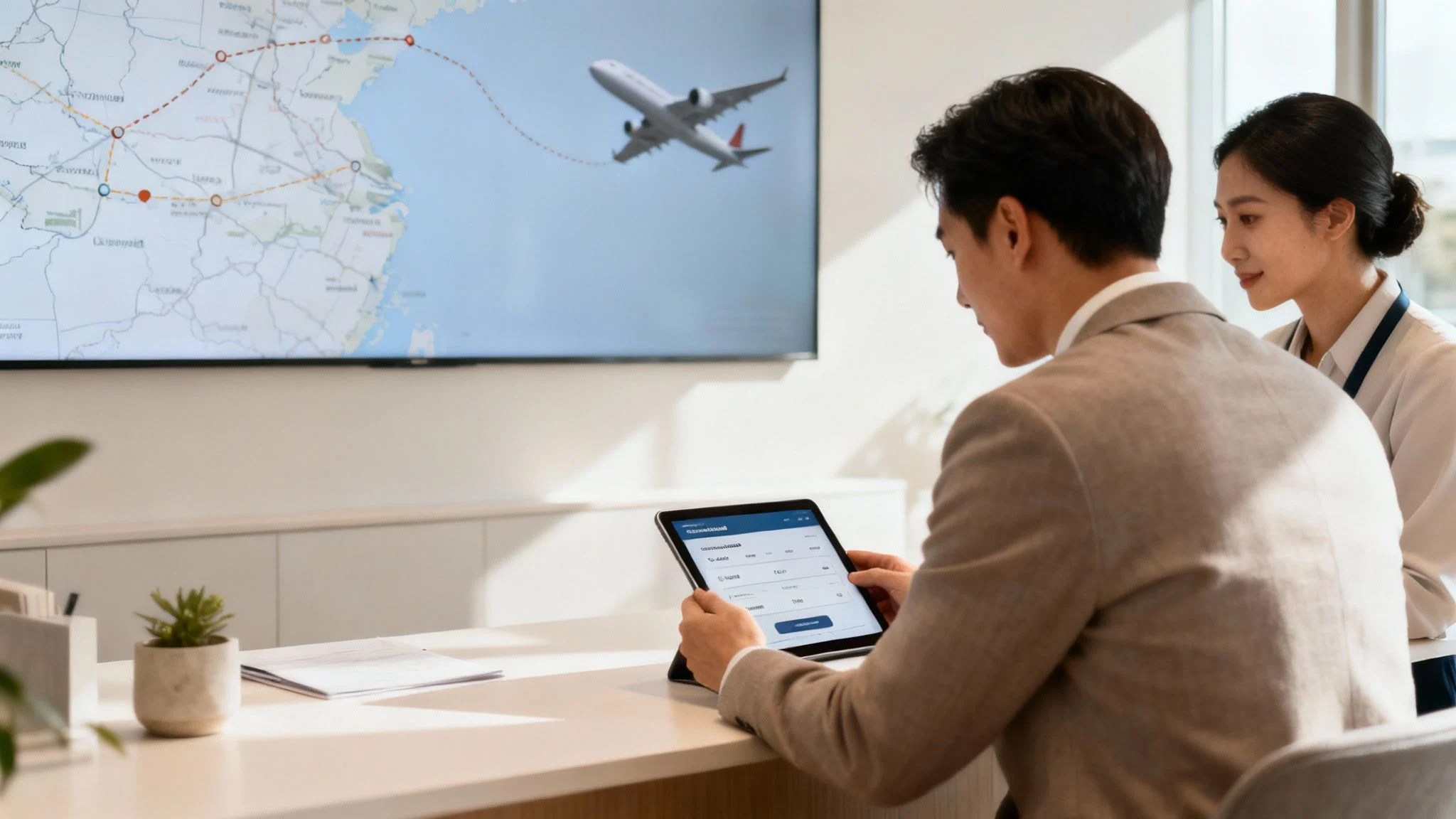 Two professionals collaborate, one using a tablet to view flight details while observing a large screen displaying a travel map and an airplane.