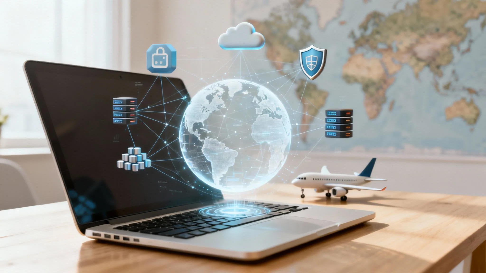 A laptop on a desk displays a holographic globe with digital icons representing cloud computing, data security, and servers. A small model aeroplane sits nearby, and a world map hangs in the background.