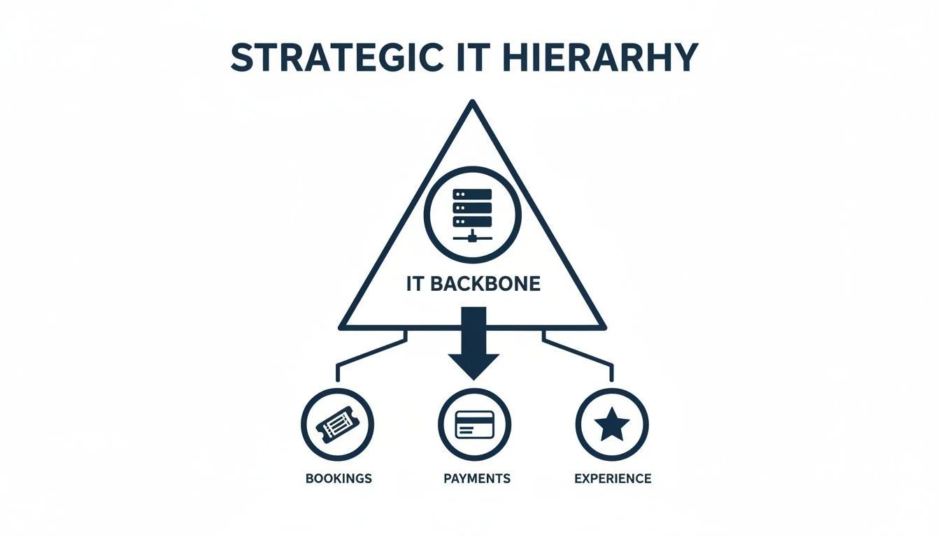 Diagram showing strategic IT hierarchy with IT backbone supporting bookings, payments, and experience.